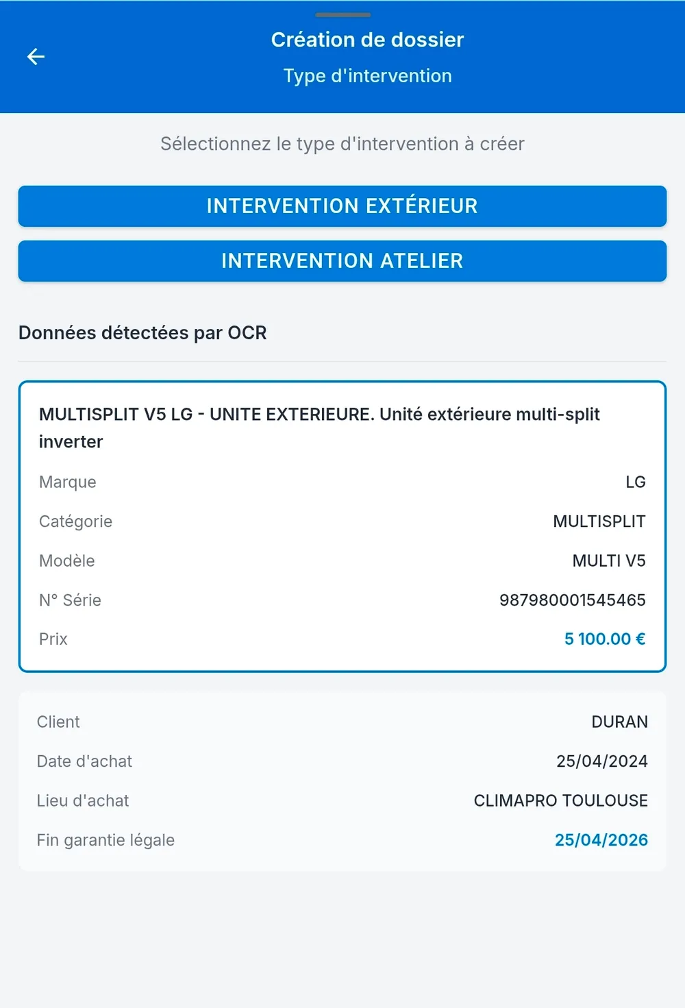 Création de dossier SAV pré-rempli