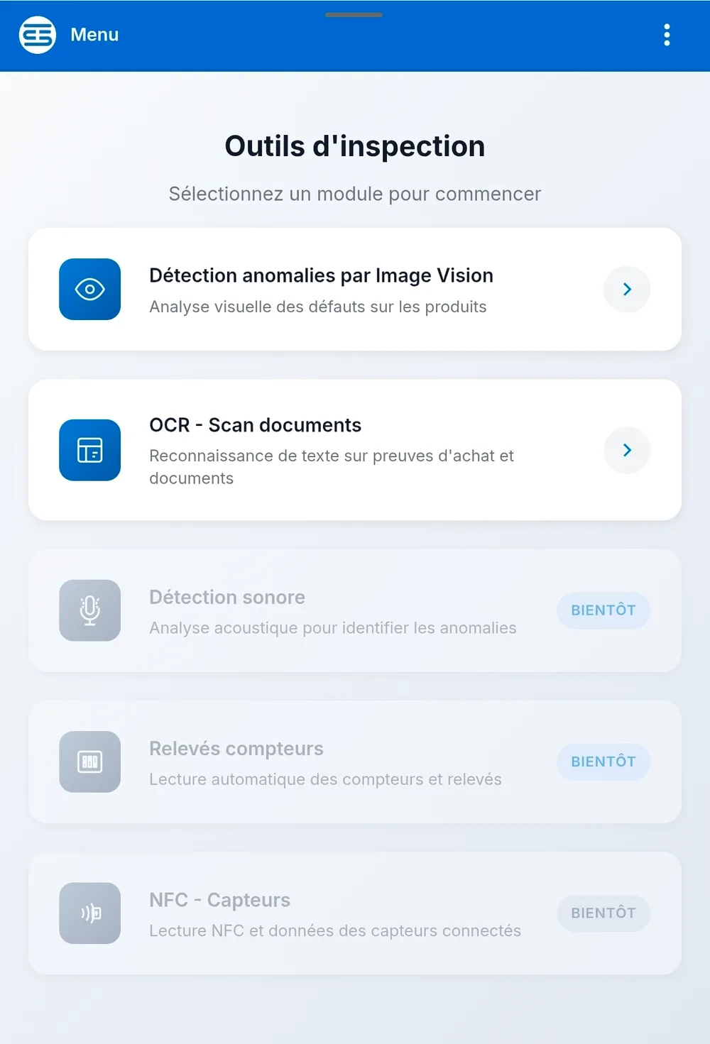 Menu de l'application Mobi Scan