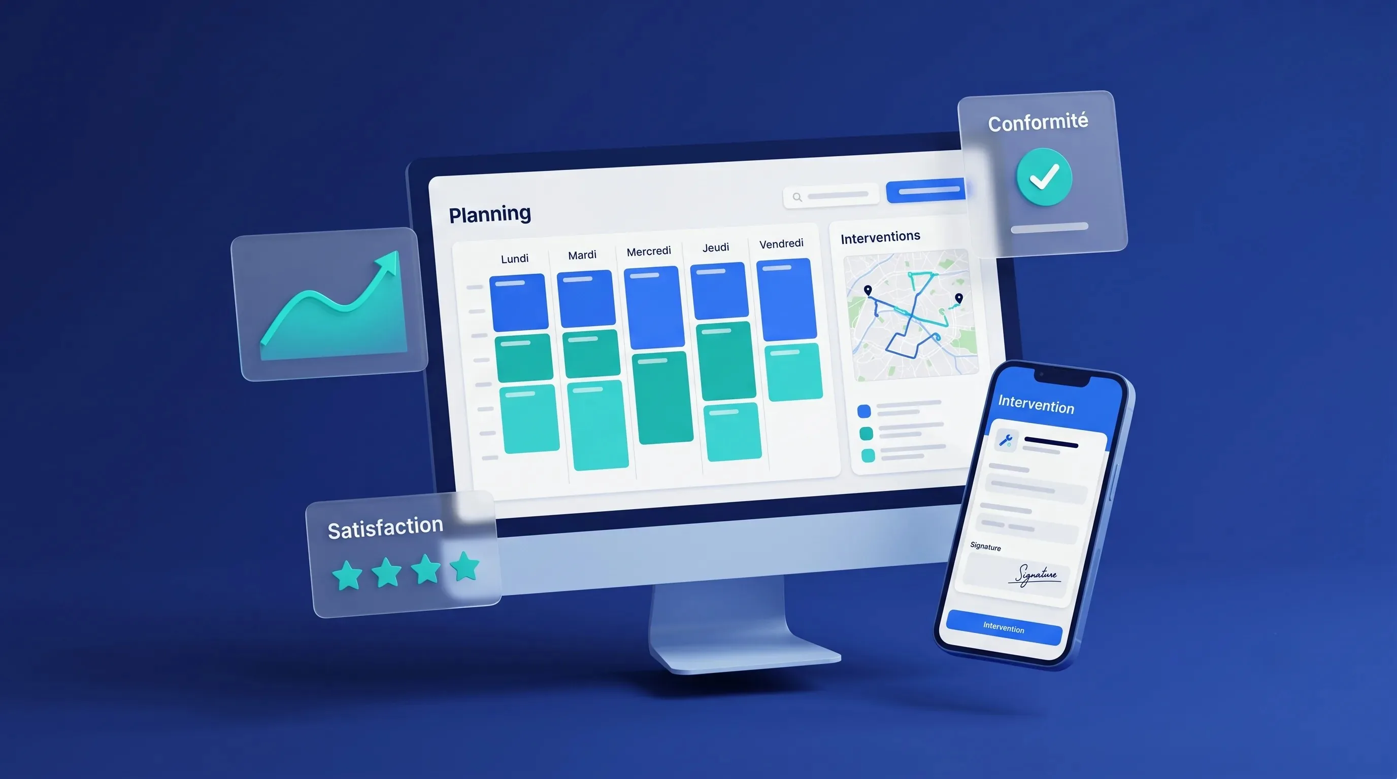 Service 9000 : planning des interventions sur grand écran et application mobile Mobi Next, avec indicateurs de conformité et de satisfaction