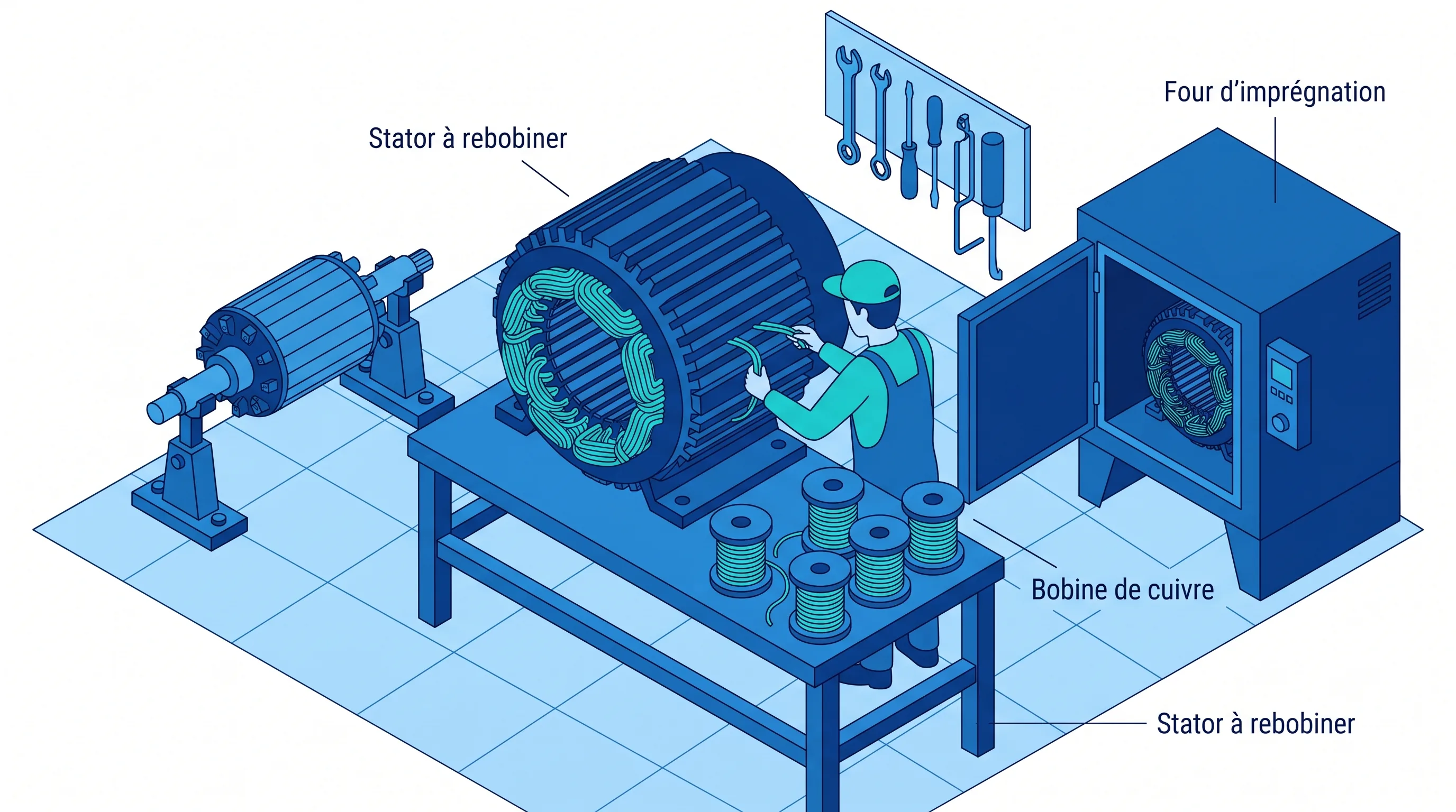 Atelier de rebobinage avec moteur électrique démonté et stator en cours de bobinage