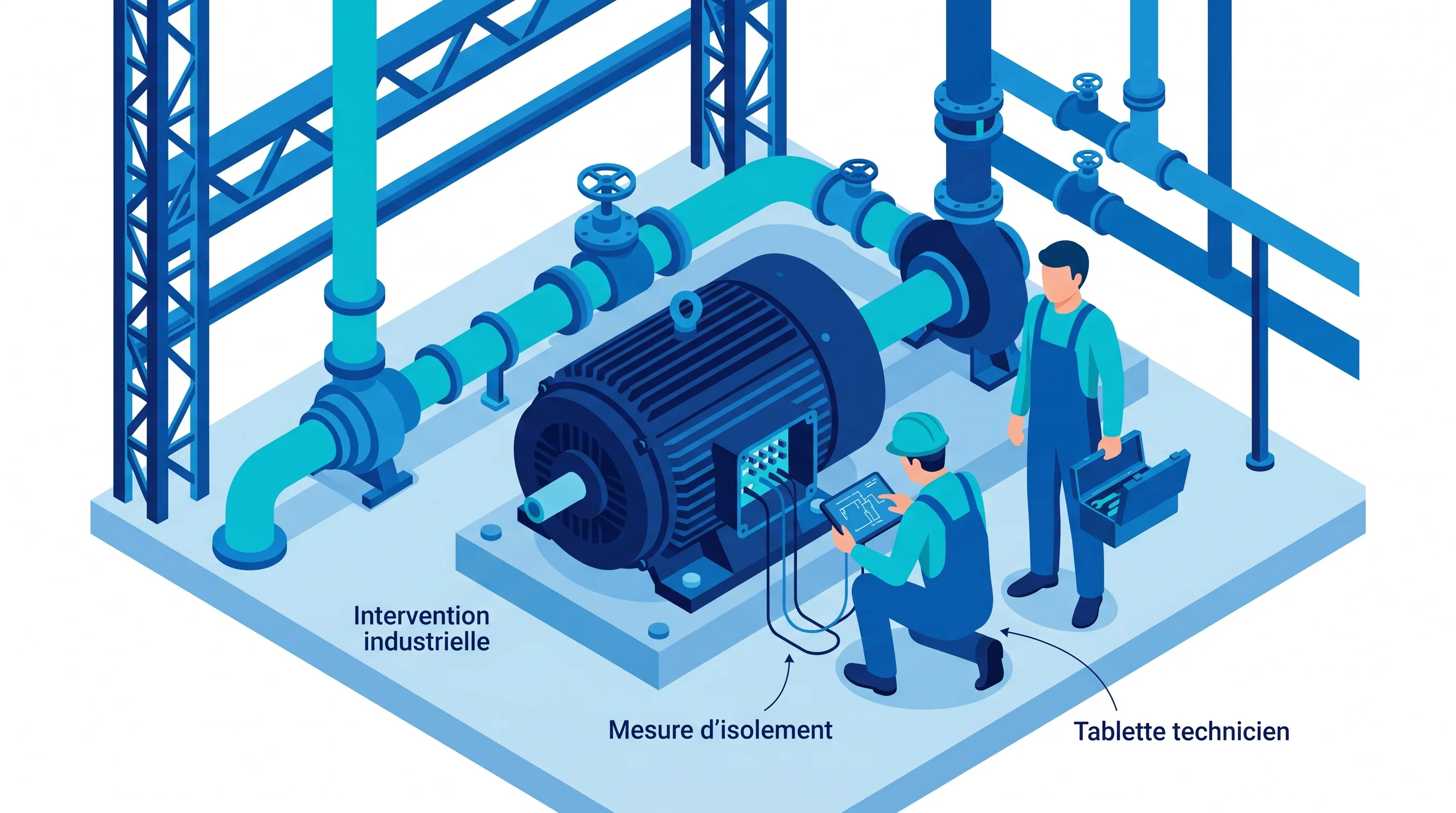 Intervention d'un technicien sur un moteur électrique industriel installé en usine