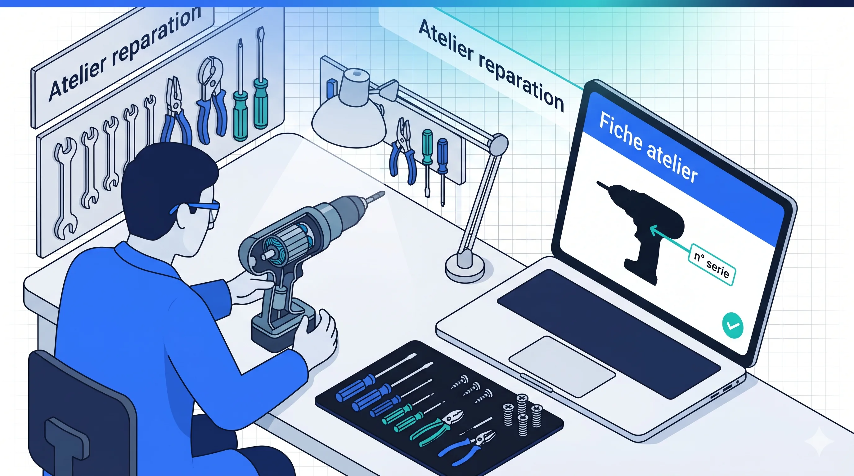 Atelier de réparation d'outillage électroportatif — technicien diagnostiquant une perceuse à l'établi avec tablette de saisie