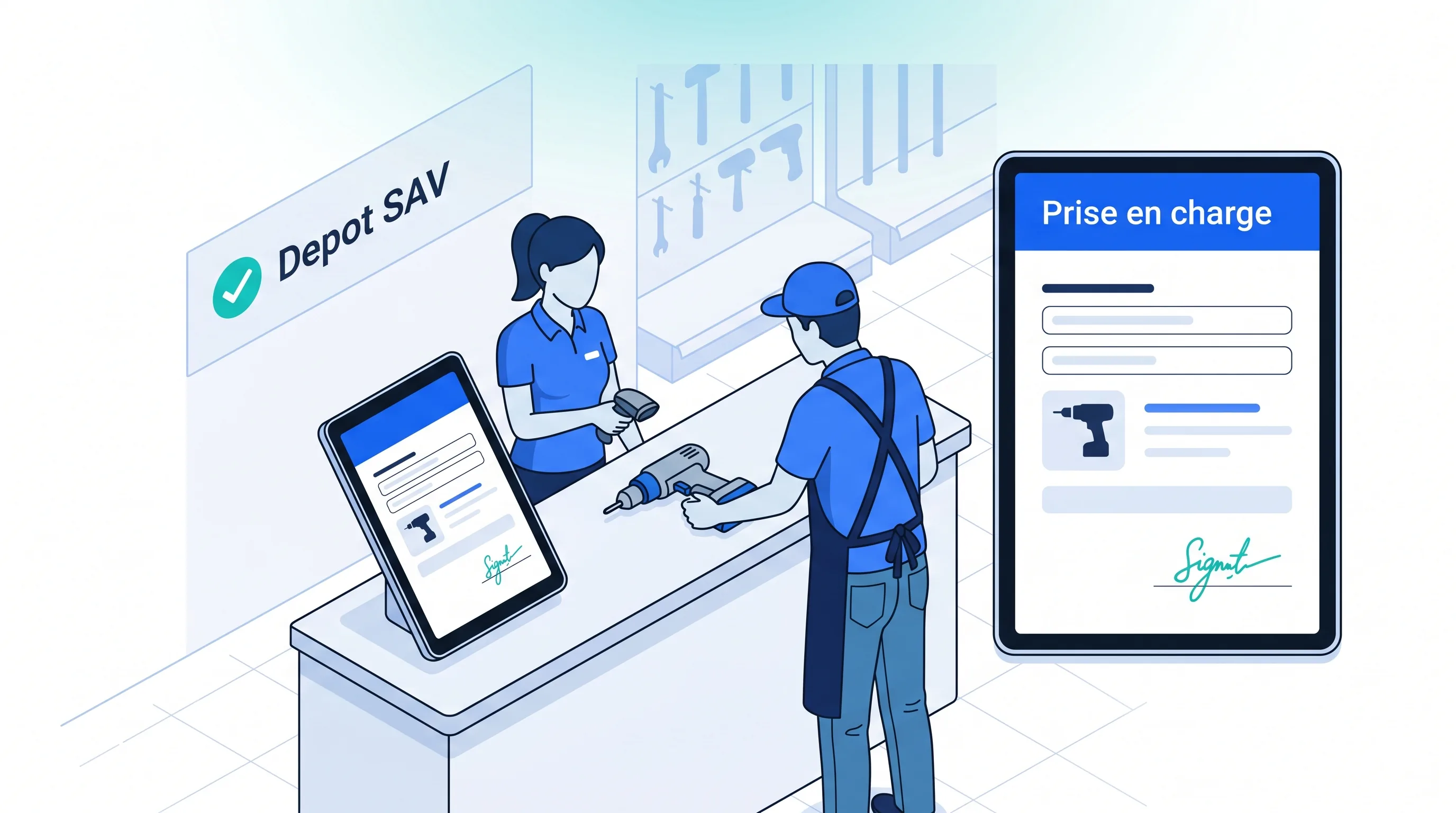 Comptoir SAV d'un magasin d'outillage — conseiller enregistrant un dépôt client avec scan code-barres et signature tablette