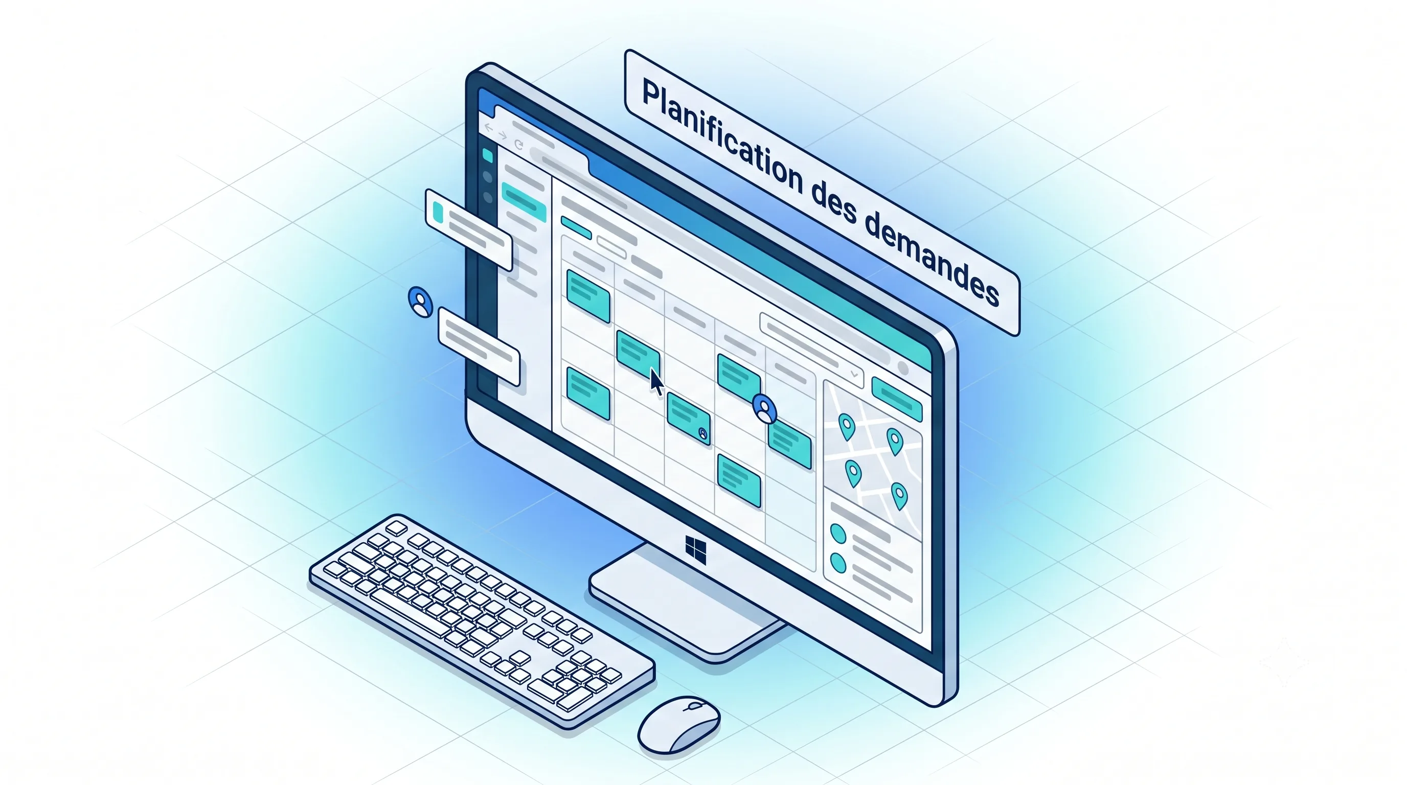 Planification des demandes - Service 9000 Planification des demandes du centre d'appel Service 9000 sur poste fixe Windows : affectation aux intervenants, déplacement des tâches et localisation sur carte