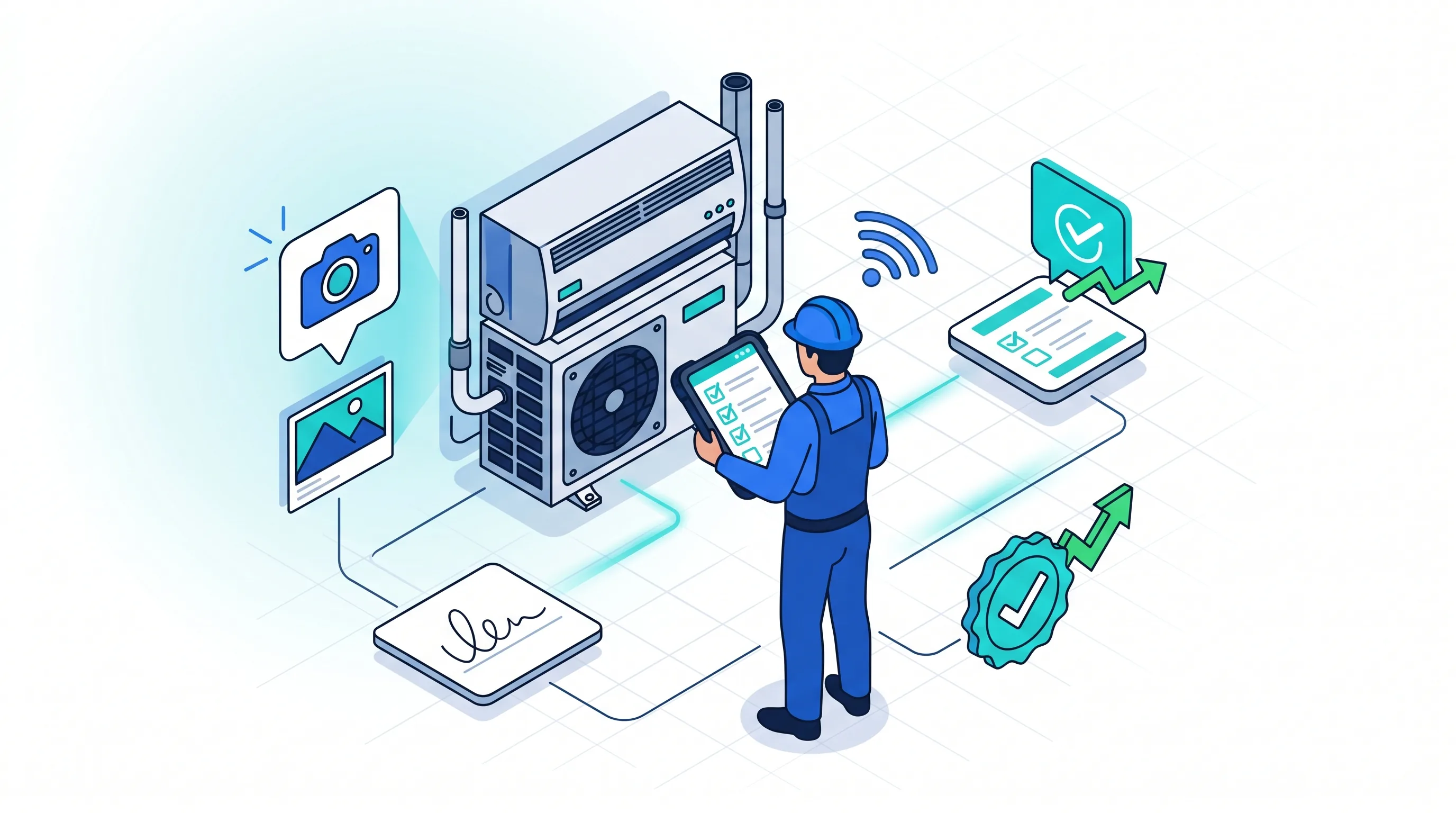Technicien de maintenance saisissant les points de contrôle sur un terminal mobile devant un équipement, avec photo, signature et validation de l'intervention dans Service 9000.