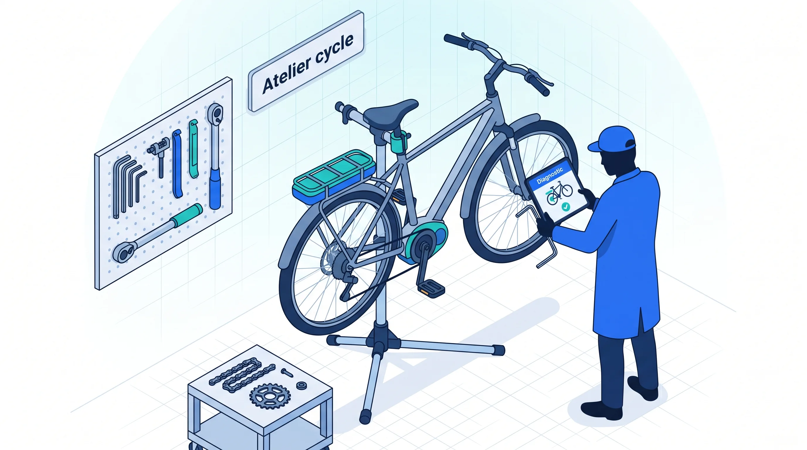 Atelier de réparation de vélos et VAE : mécanicien diagnostiquant un vélo sur un pied d'atelier avec tablette
