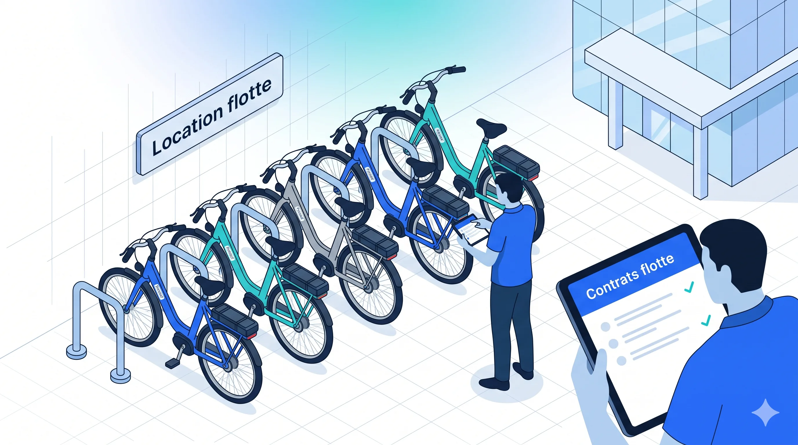 Flotte de vélos en location longue durée — gestionnaire pointant un parc de VAE alignés avec tablette de suivi des contrats