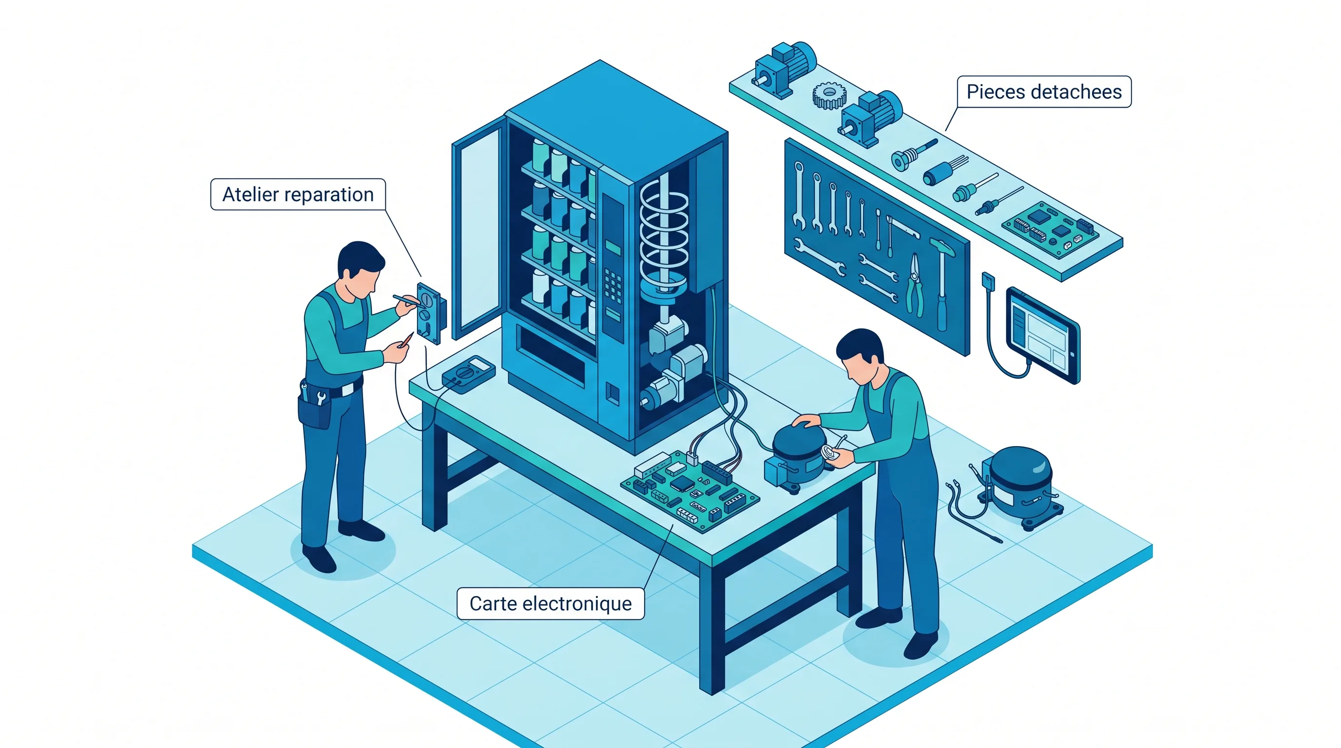 Atelier de maintenance de distributeurs automatiques avec pièces détachées