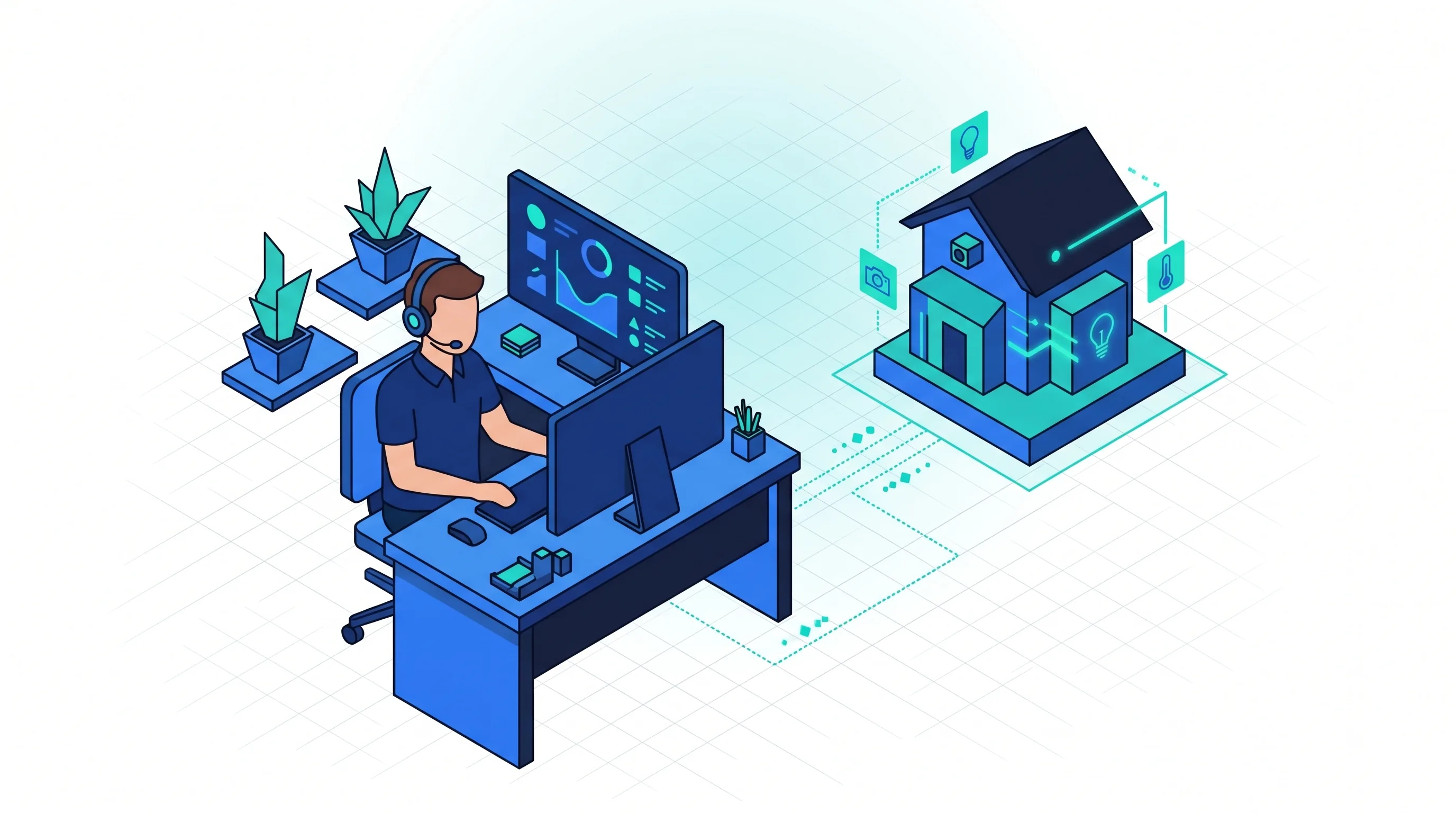 Assistance à distance : résoudre sans se déplacer quand c'est possible Technicien réalisant une assistance domotique à distance depuis un poste, supervision des installations clients à l'écran