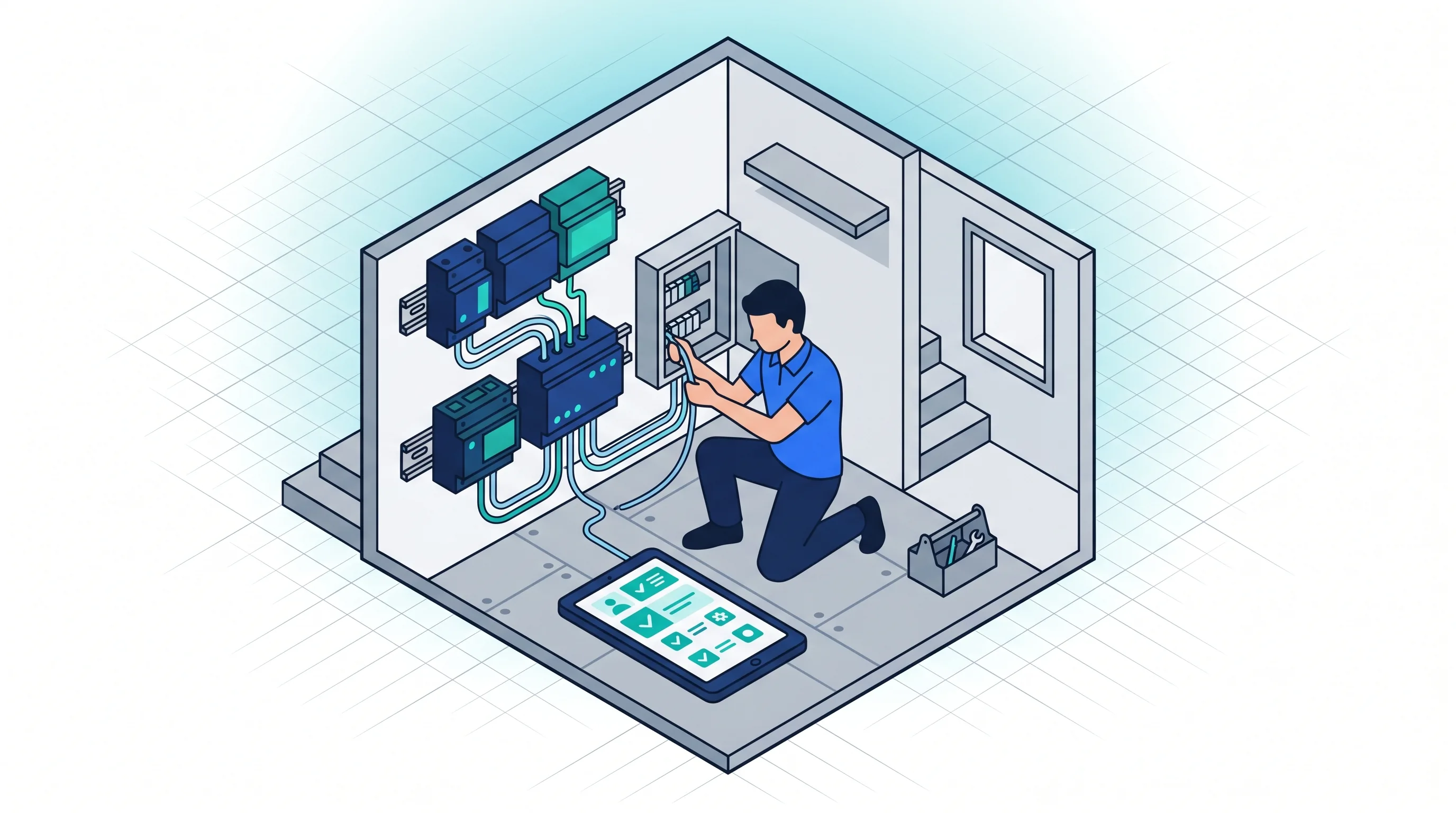Installation et paramétrage : la maison connectée mise en service dans les règles Technicien domotique paramétrant une box et un écran de pilotage dans une maison connectée, points de contrôle sur tablette