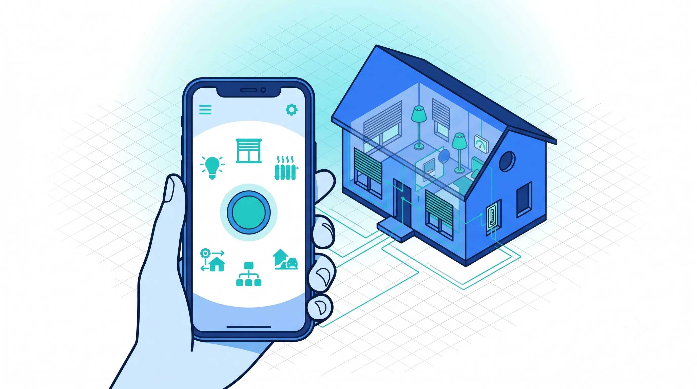 Maison connectée : éclairage, volets, chauffage et scénarios pilotés et suivis Maison individuelle connectée stylisée avec éclairage, volets et chauffage pilotés depuis une application centrale