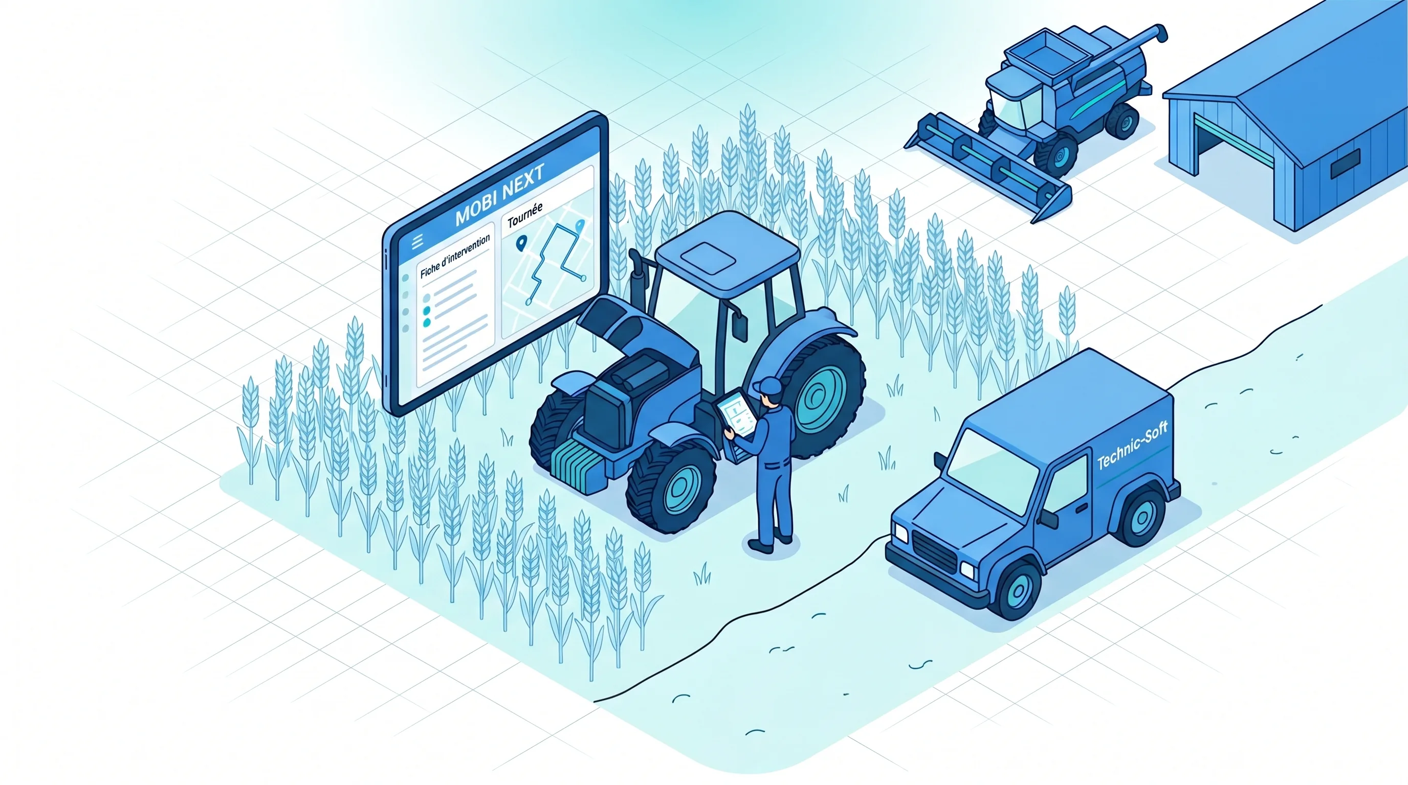 Technicien en intervention de dépannage sur tracteur, application Mobi Next ouverte