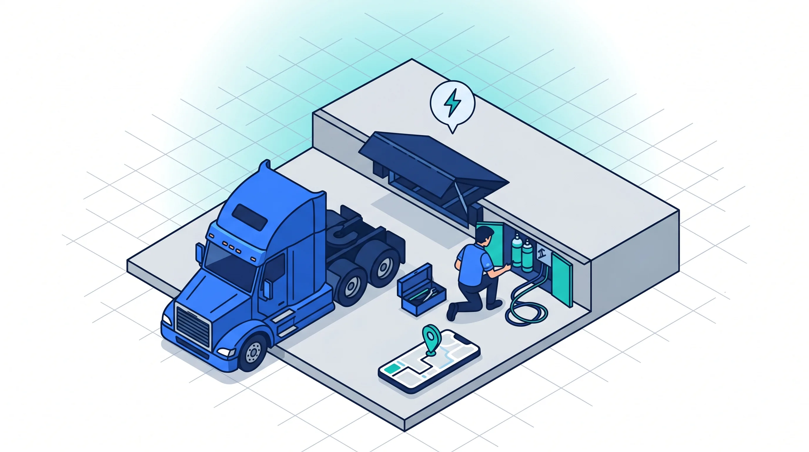 Quai bloqué : la logistique repart au plus vite Dépannage urgent d'un niveleur de quai bloqué sur une plateforme logistique, camion en attente, technicien intervenant