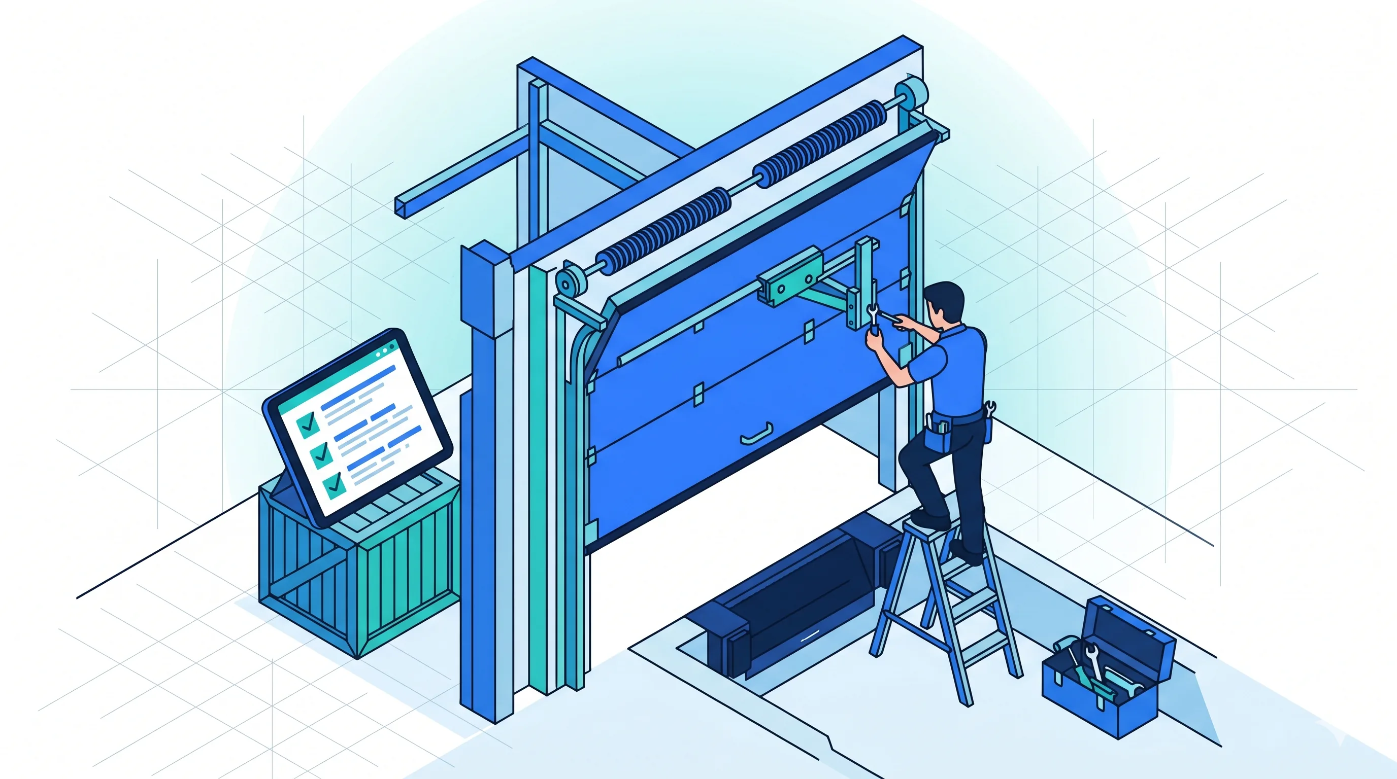Portes industrielles et sas : la maintenance préventive qui évite l'arrêt Maintenance préventive d'une porte sectionnelle industrielle de quai, technicien contrôlant le mécanisme sur tablette
