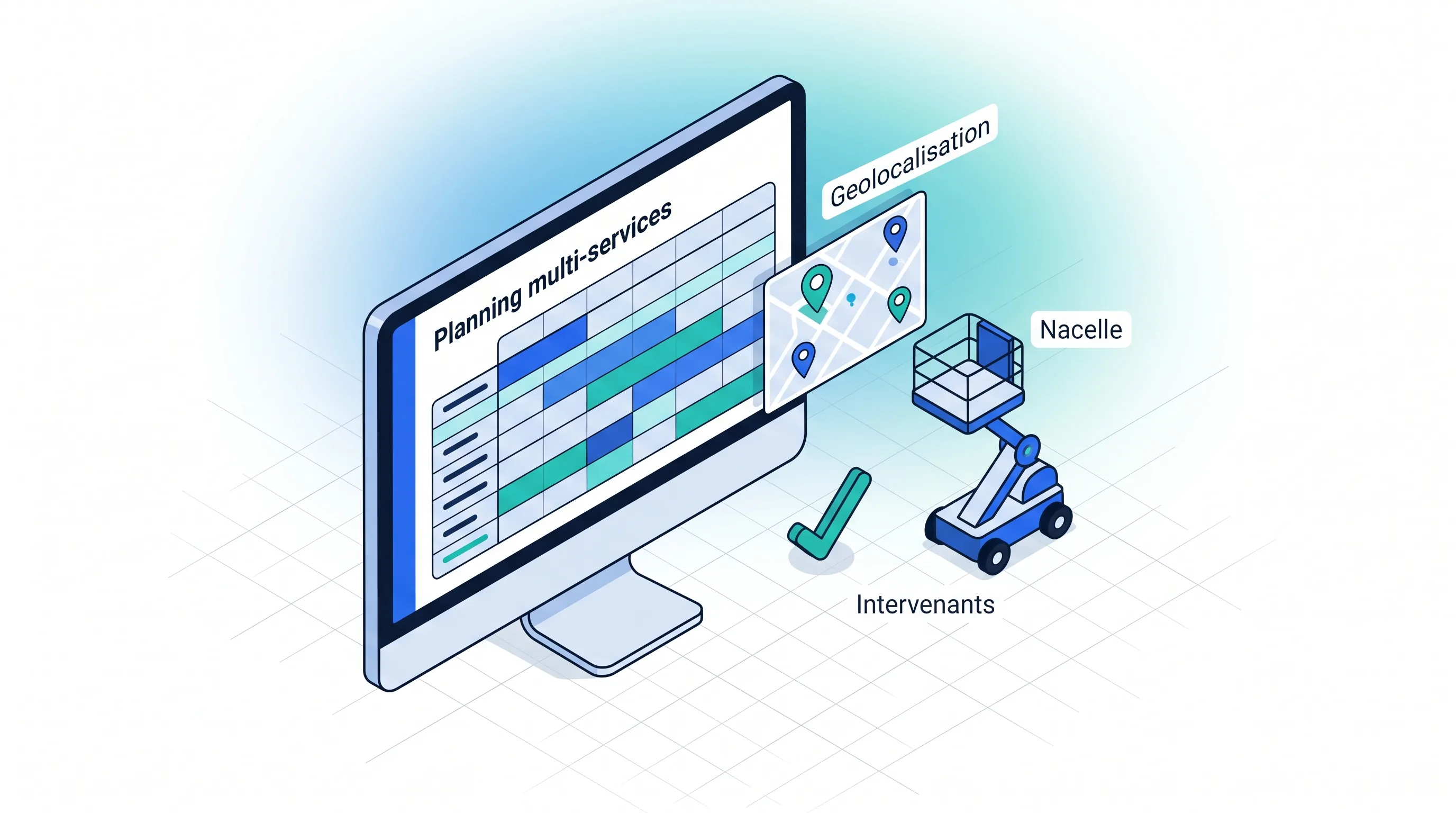 Planning multi-services des interventions en fermeture industrielle - Service 9000 Planning multi-services de la GMAO fermeture industrielle : agenda des intervenants, géolocalisation et gestion des ressources comme la nacelle.