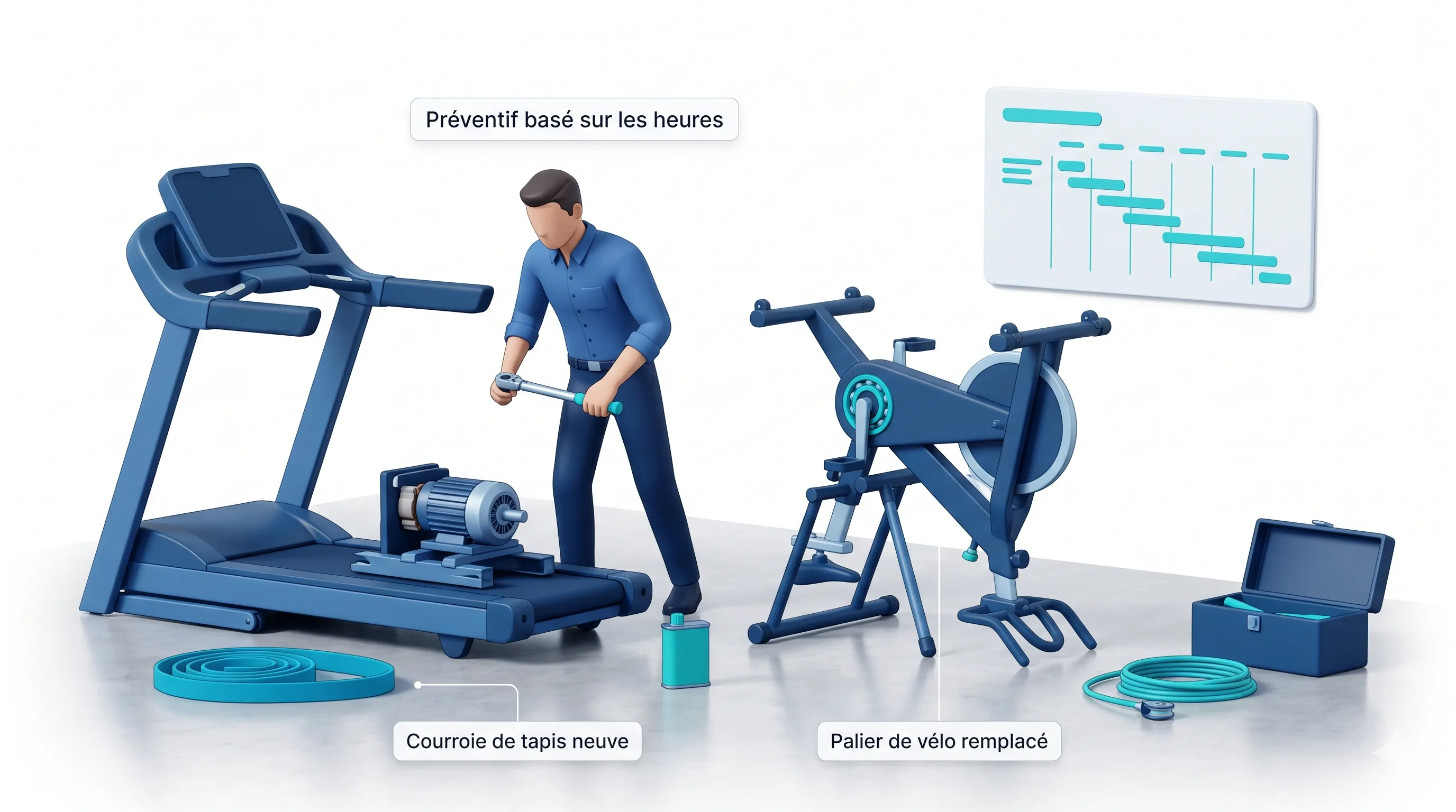 Atelier de maintenance préventive de tapis de course et de vélos de salle