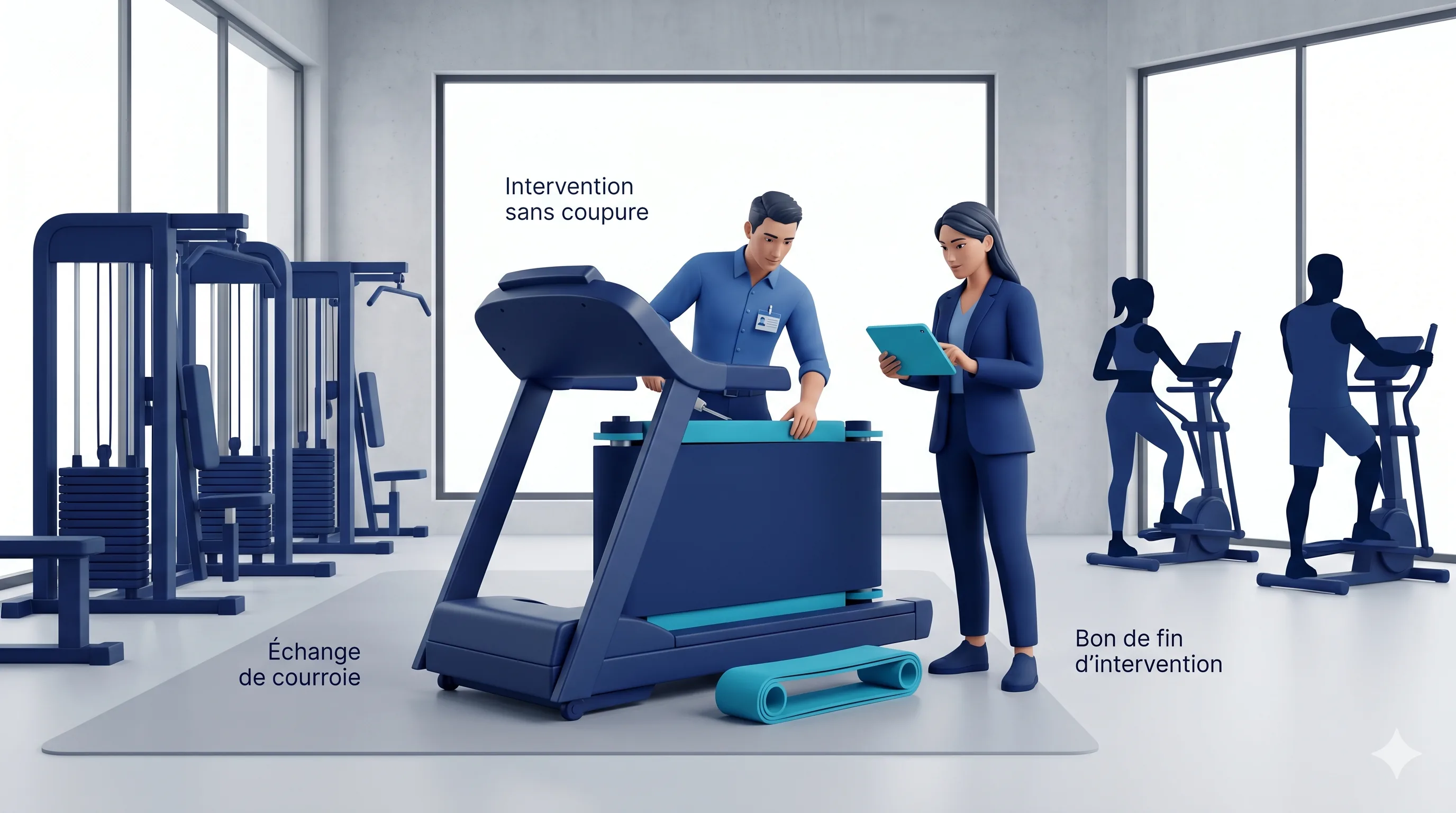 Intervention sur un tapis de course dans une salle de sport