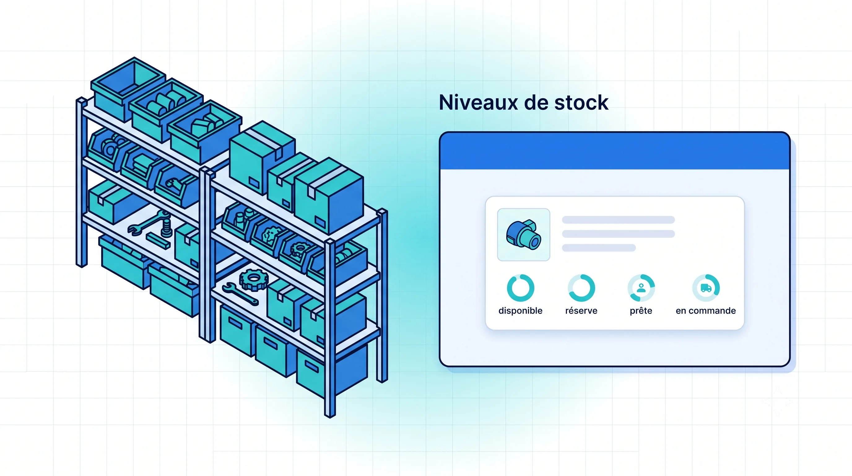 Service 9000 : niveaux de stock des pièces détachées et accessoires (disponible, réservé, prêté, en commande)