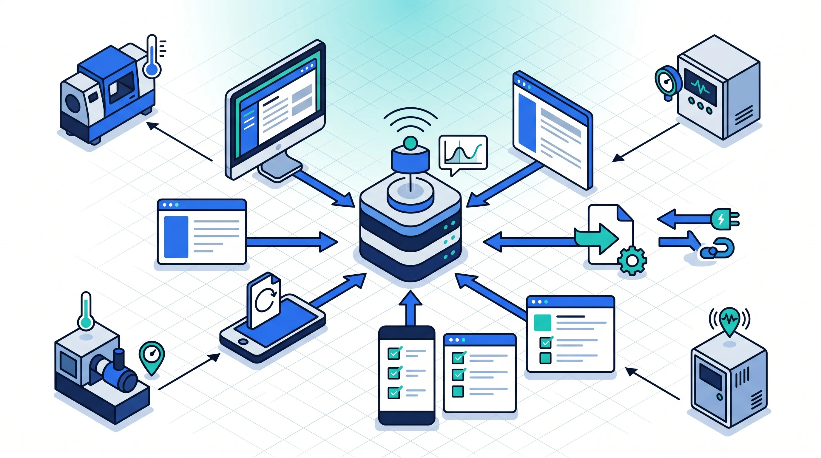 Les différentes méthodes d'acquisition des relevés de capteurs IoT (application Service 9000, portail web, terminal mobile, points de contrôle, importation et web service) centralisées dans la GMAO.