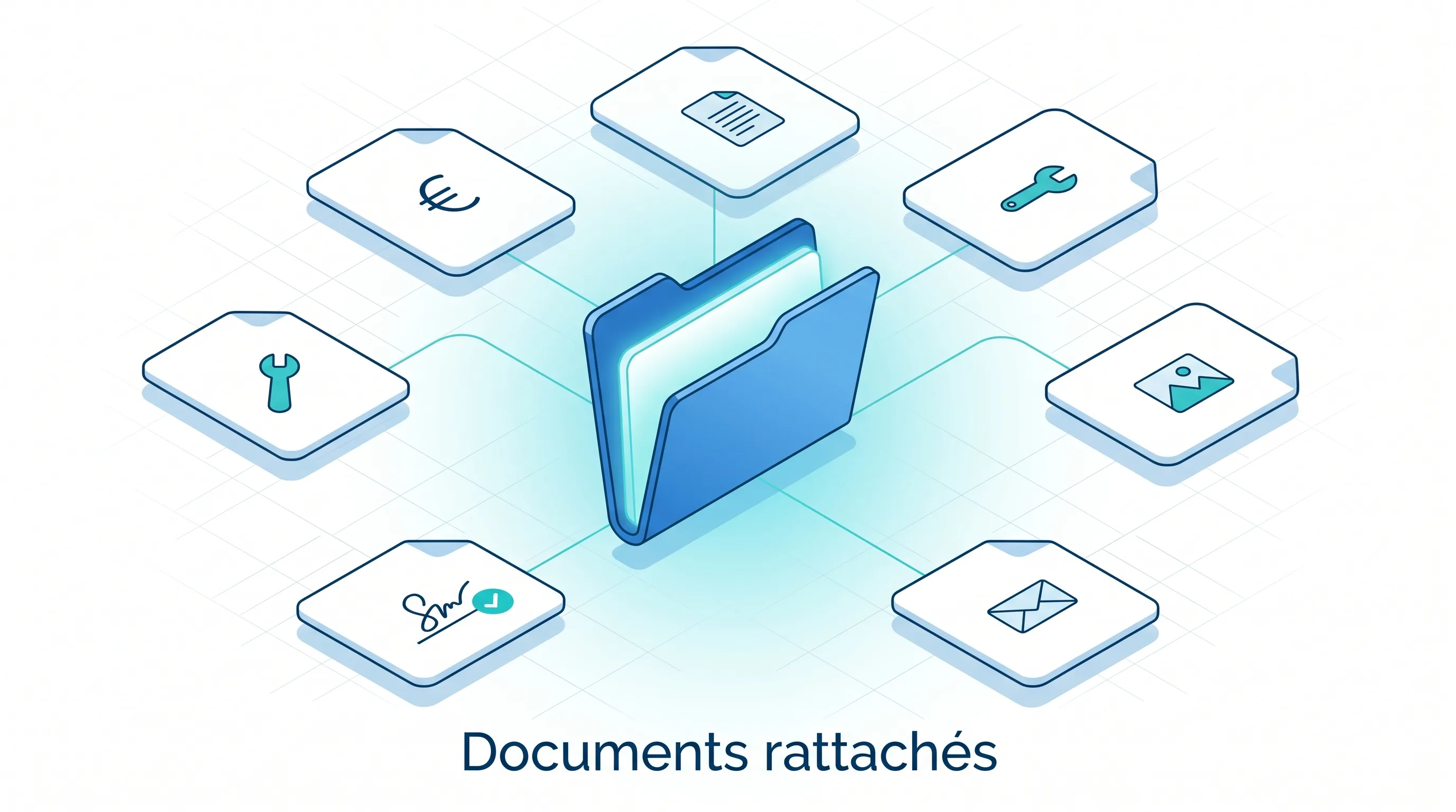 Logiciel de gestion des interventions Service 9000 : tous les documents rattachés au dossier (facture, contrat, fiche d'intervention, photos, rapport signé, e-mails).