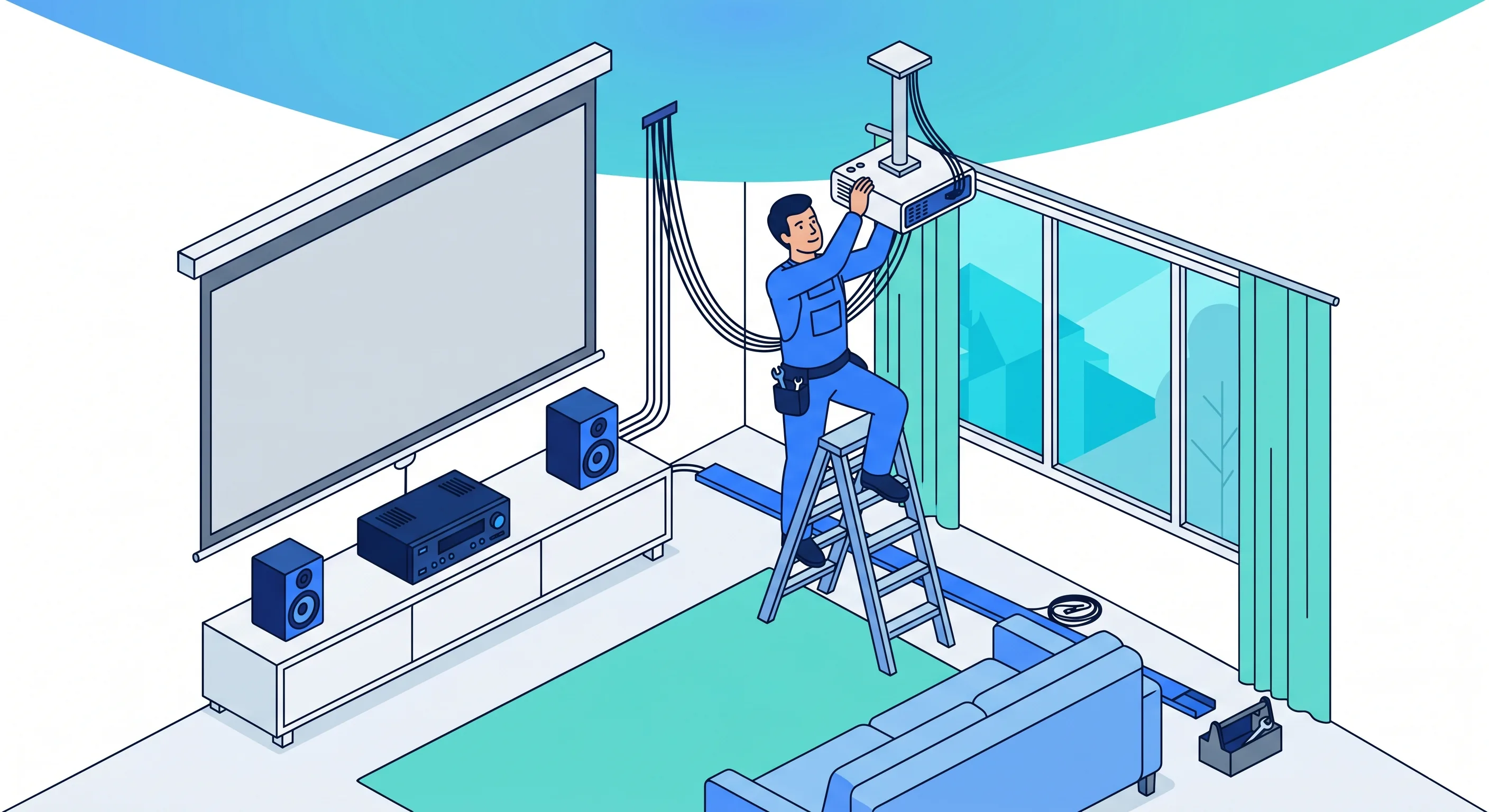 Installation home-cinéma : du devis d'intégration à la mise en service et au réglage Installateur réglant un home-cinéma dans un salon haut de gamme avec vidéoprojecteur et enceintes encastrées
