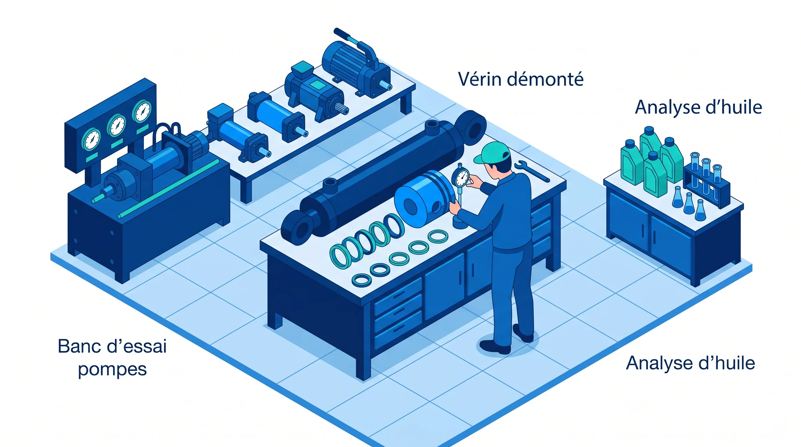 Atelier de réparation hydraulique avec vérin démonté et banc d'essai de pompes
