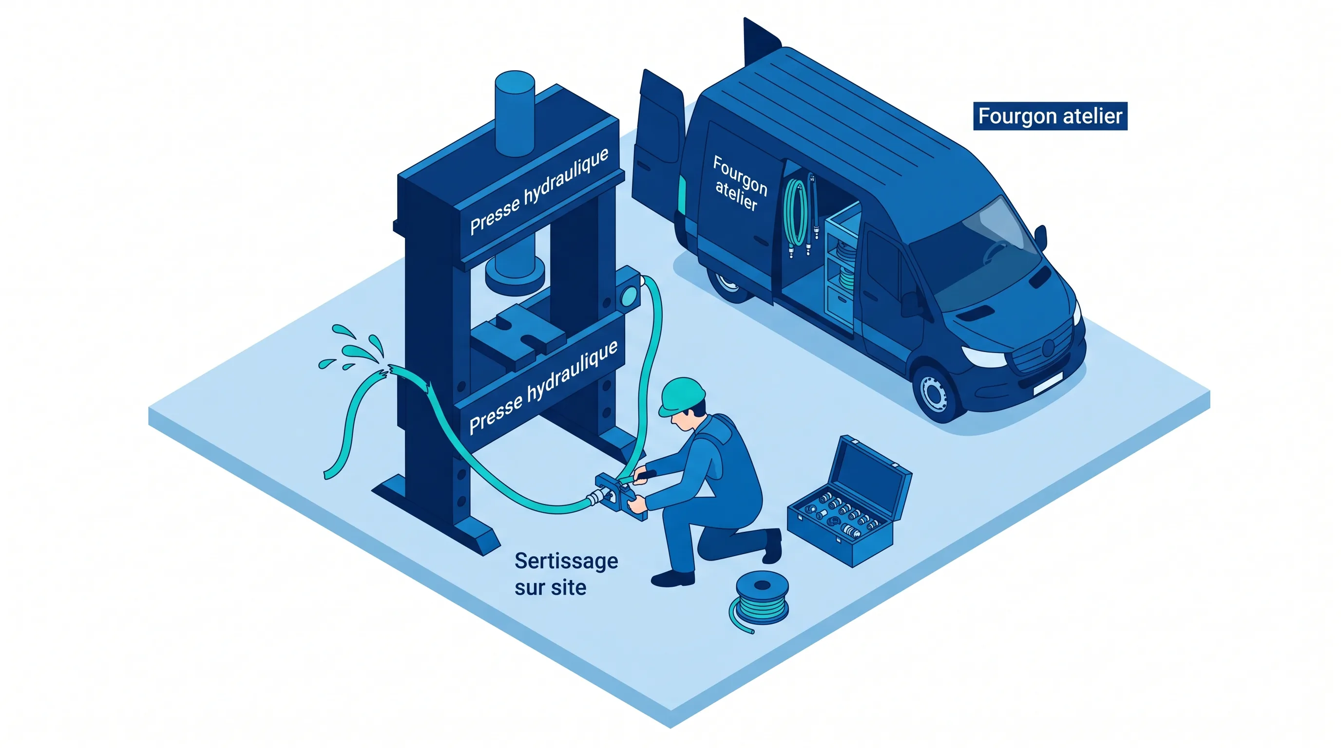 Sertissage d'un flexible hydraulique sur site industriel par un technicien