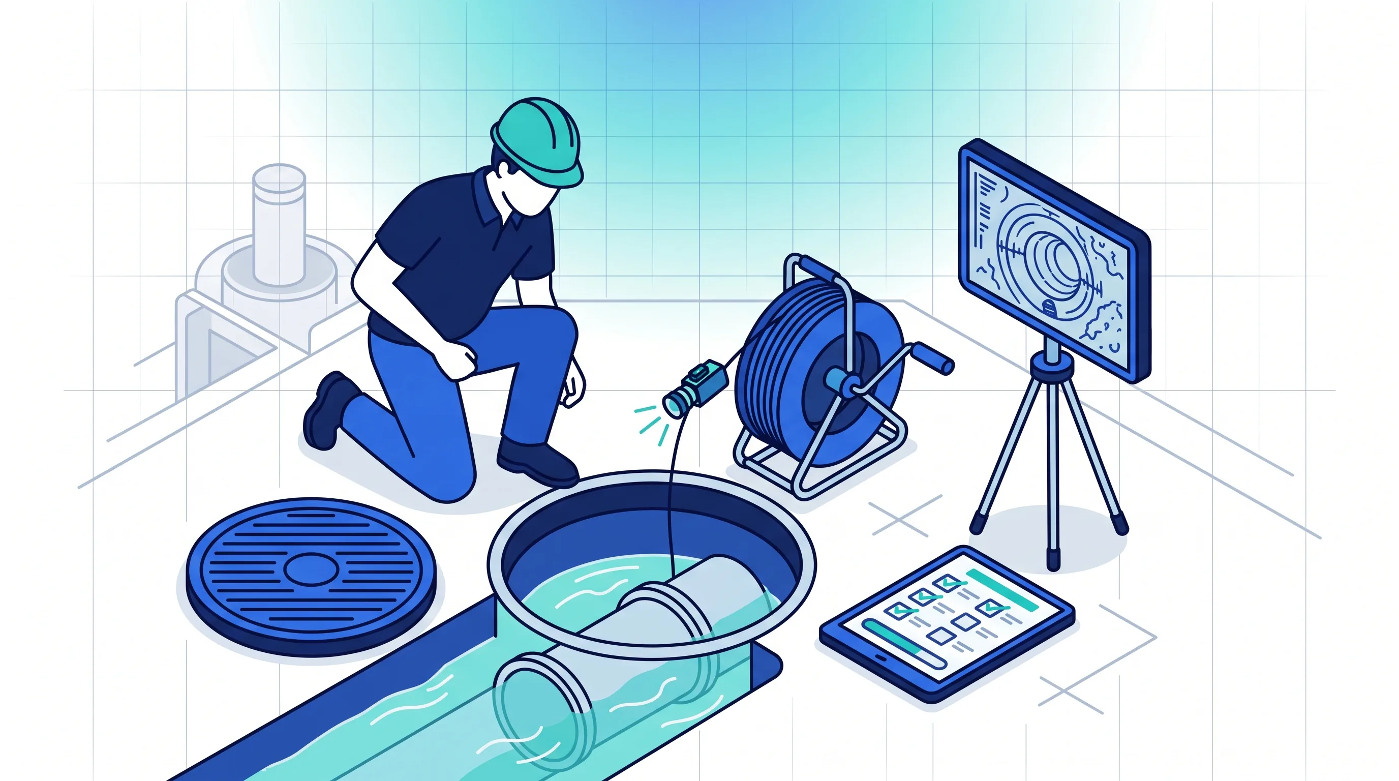 Opérateur réalisant une inspection vidéo de canalisation (ITV) avec une caméra sur enrouleur, écran de contrôle et rapport sur tablette