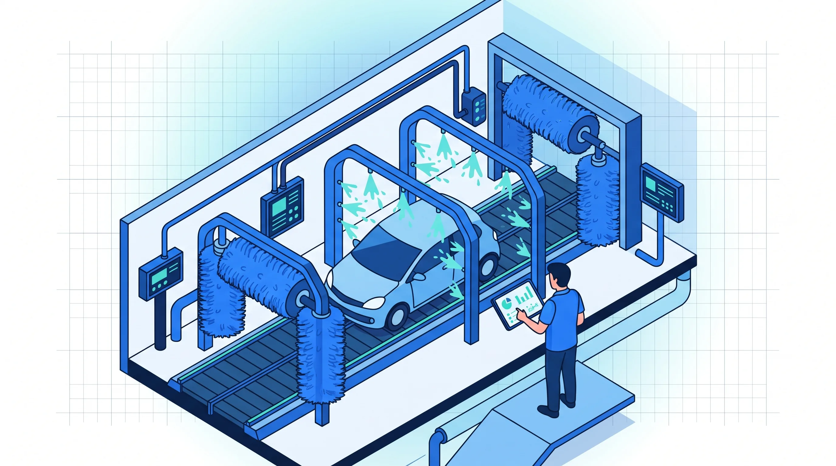 Tunnel de lavage automatique avec véhicule en cours de lavage, technicien supervisant la ligne sur tablette