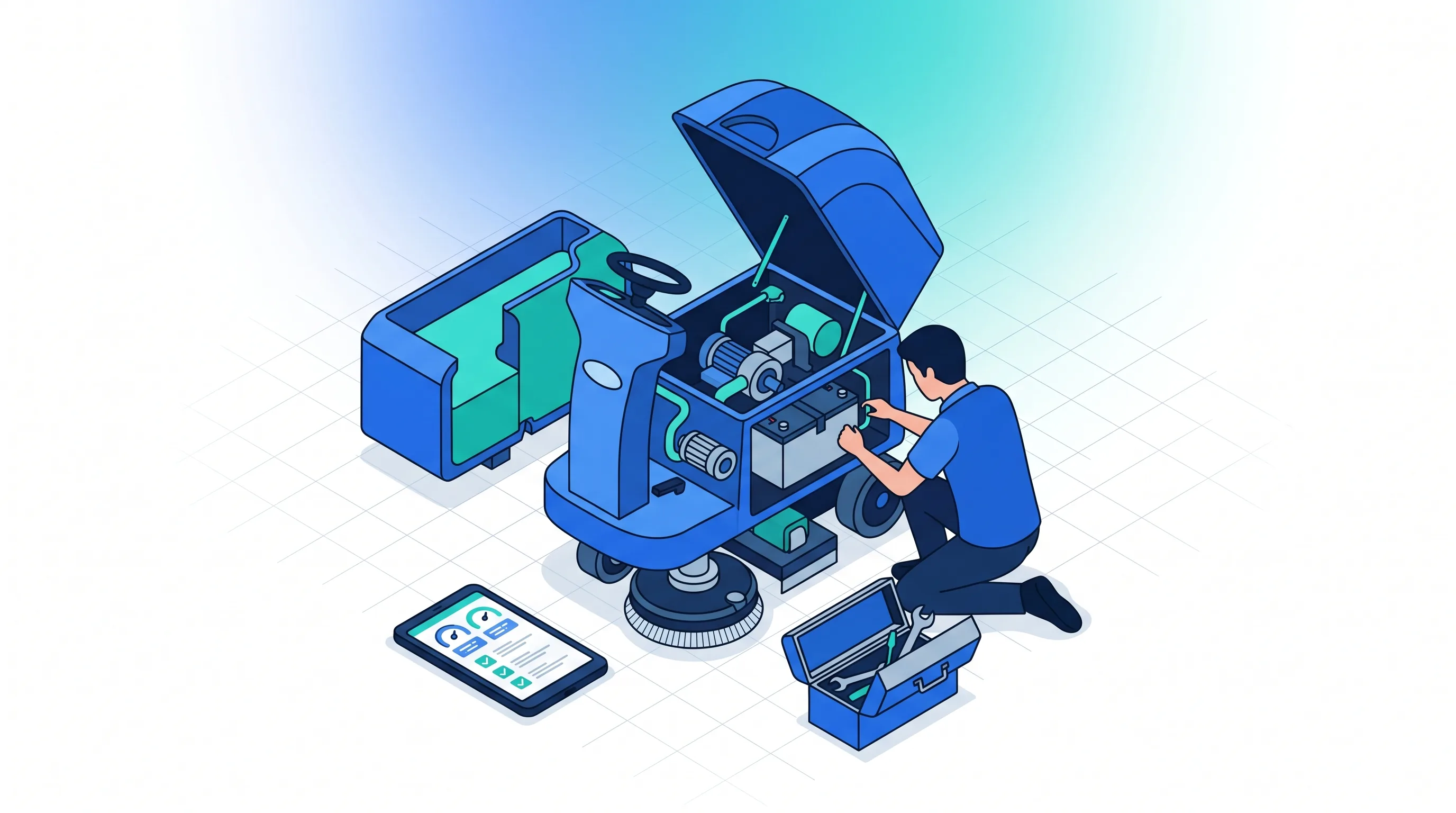 Entretien des autolaveuses : compteur horaire, batteries et consommables suivis Technicien réalisant l'entretien d'une autolaveuse autoportée, points de contrôle et relevé du compteur sur tablette