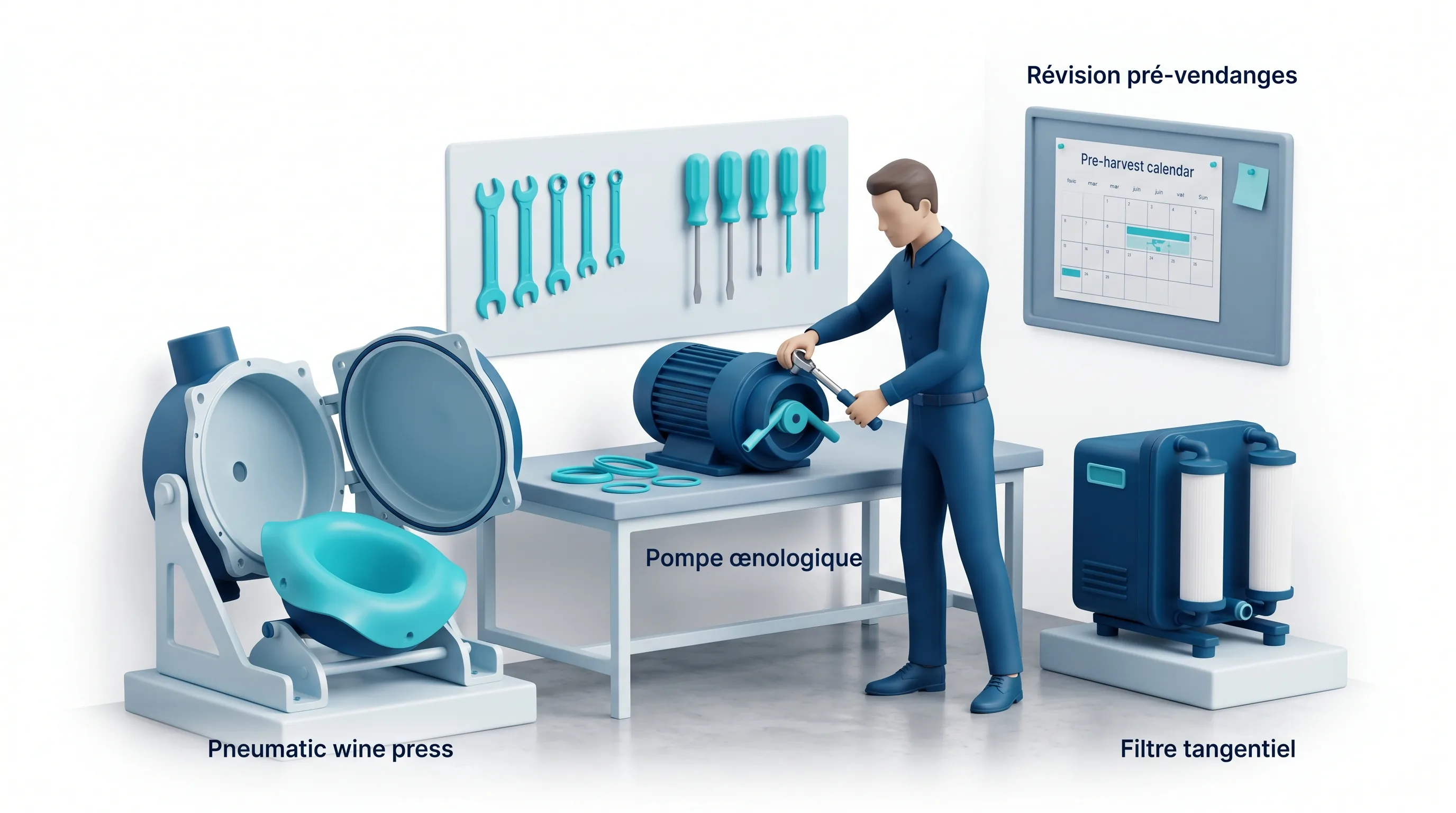 Atelier de révision préventive de pressoirs pneumatiques et de pompes œnologiques