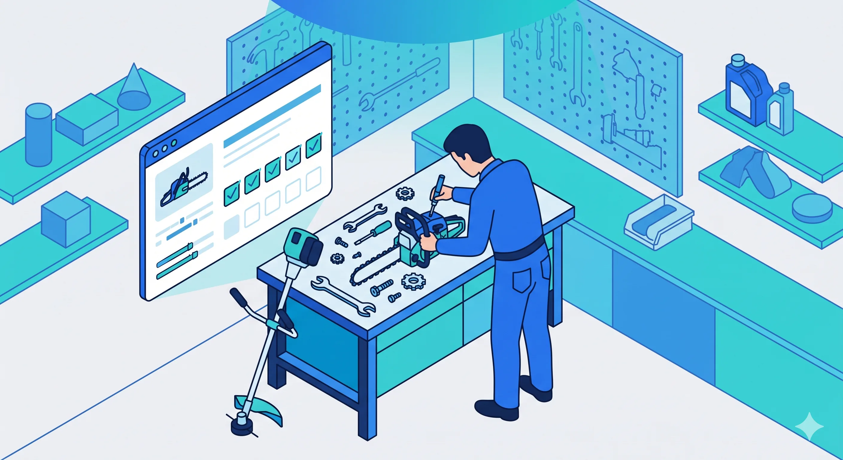 Atelier SAV : chaque machine suivie par numéro de série, garantie et pièces tracées Technicien réparant une tondeuse autoportée à l'atelier, machine identifiée par numéro de série