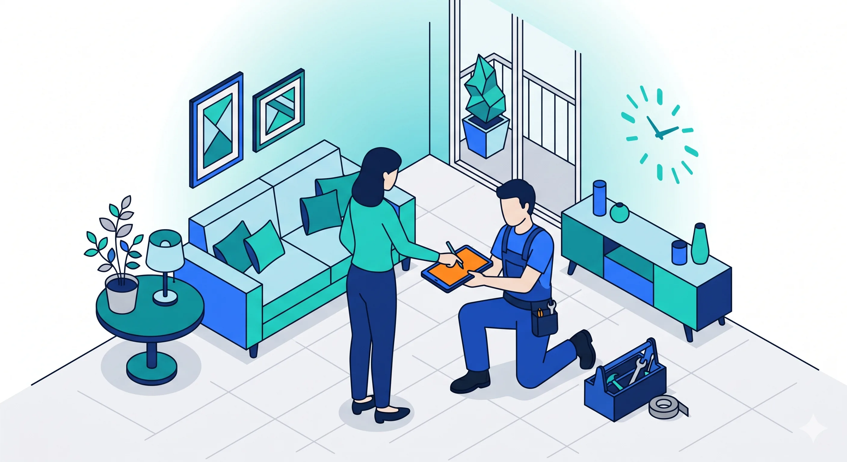 Bon d'intervention : chaque passage horodaté et signé par le client Intervenant réalisant une prestation de service à domicile, bon d'intervention signé sur tablette