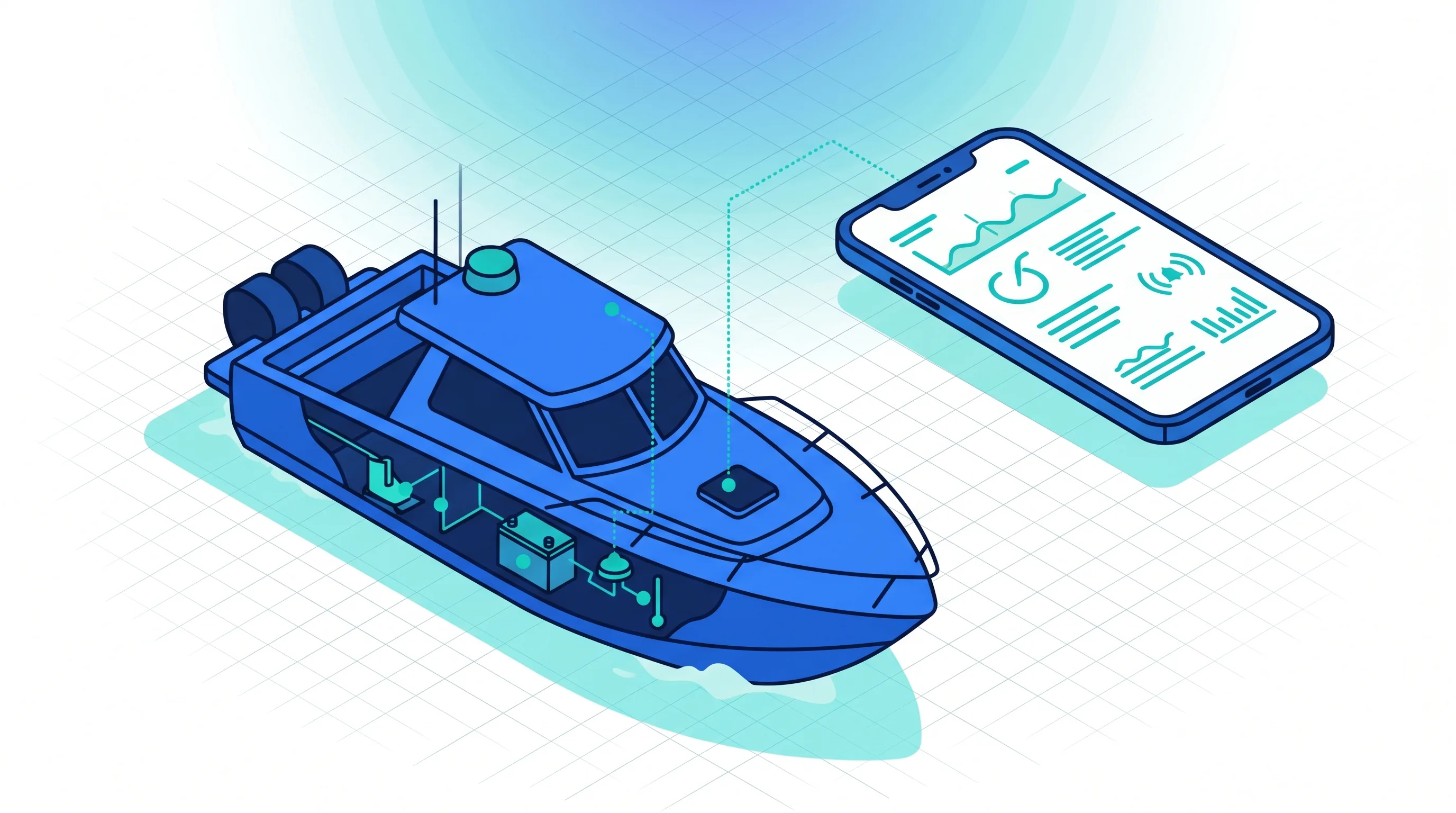 Capteurs IoT à bord : l'alerte qui déclenche l'intervention avant le sinistre Bateau de plaisance équipé de capteurs connectés (cale, batterie, GPS) remontant des alertes vers une application de supervision