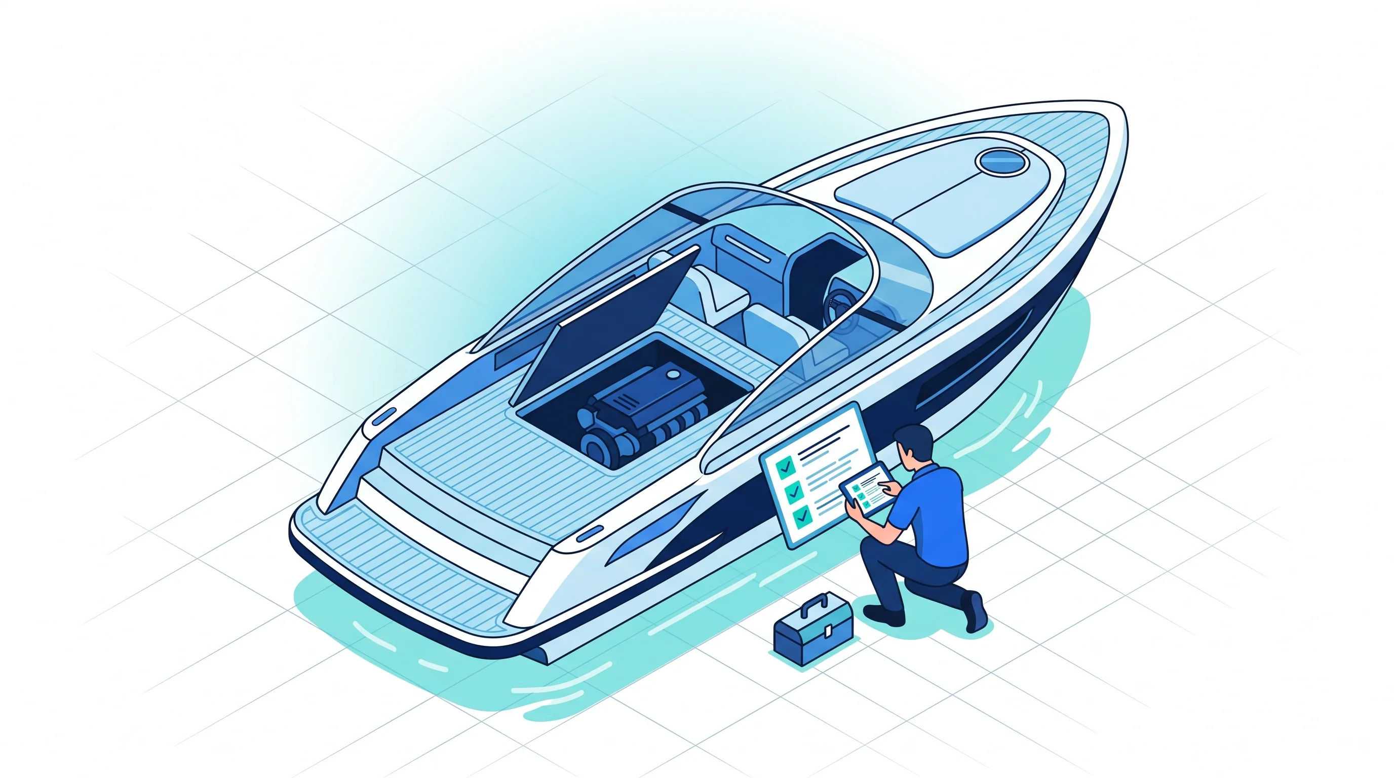 Carnet d'entretien digital : tout l'historique du bateau, du moteur au gréement Technicien nautique réalisant l'entretien du moteur d'un bateau de plaisance, carnet d'entretien digital sur tablette