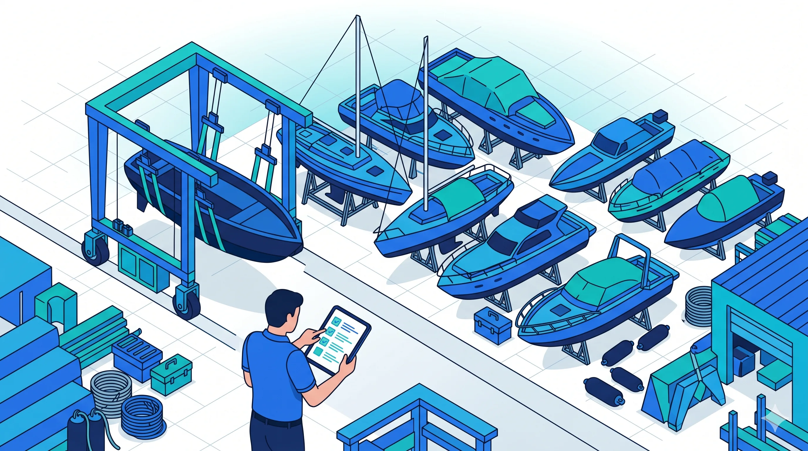 Hivernage et carénage : campagnes planifiées, places à terre optimisées Chantier naval avec bateaux de plaisance au sec sur béquilles pour l'hivernage, technicien planifiant les opérations sur tablette