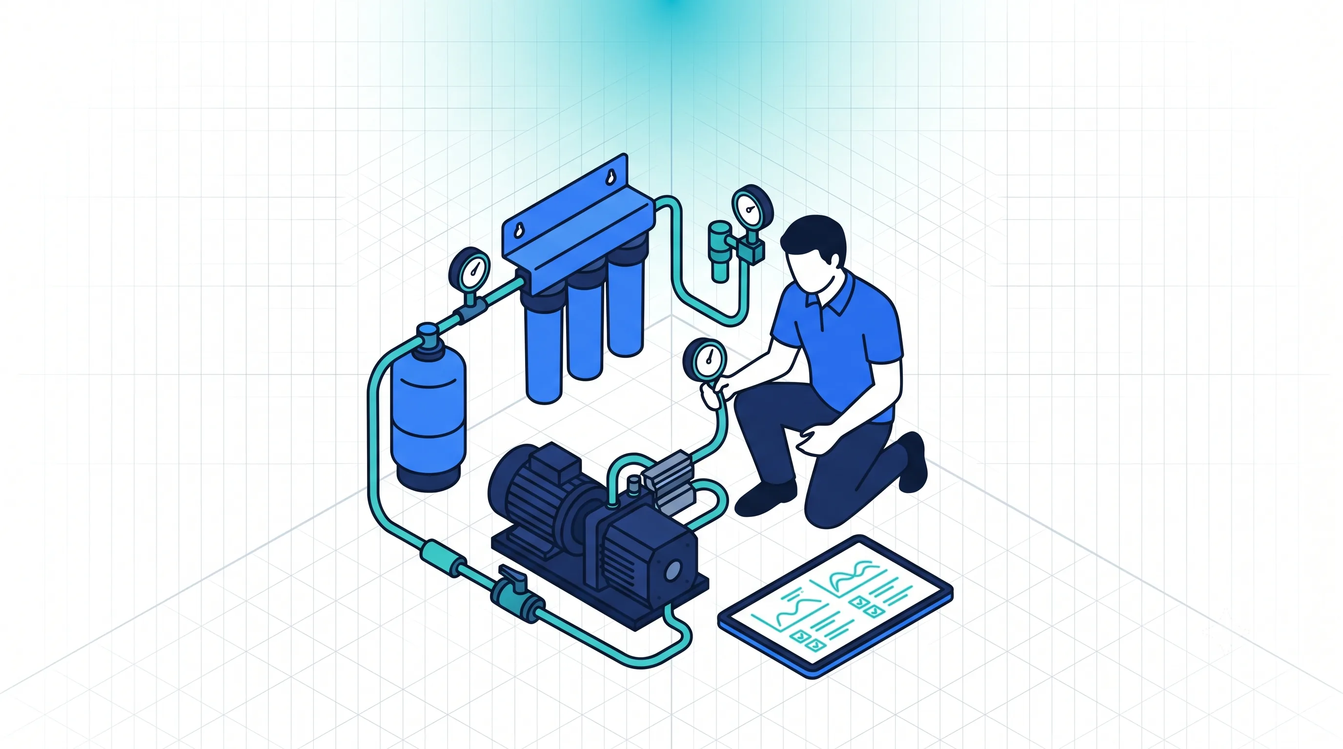 Pompe HP et traitement d'eau : performance des buses et qualité contrôlées Technicien contrôlant une pompe haute pression de brumisation et sa centrale de traitement d'eau, relevés de pression sur tablette