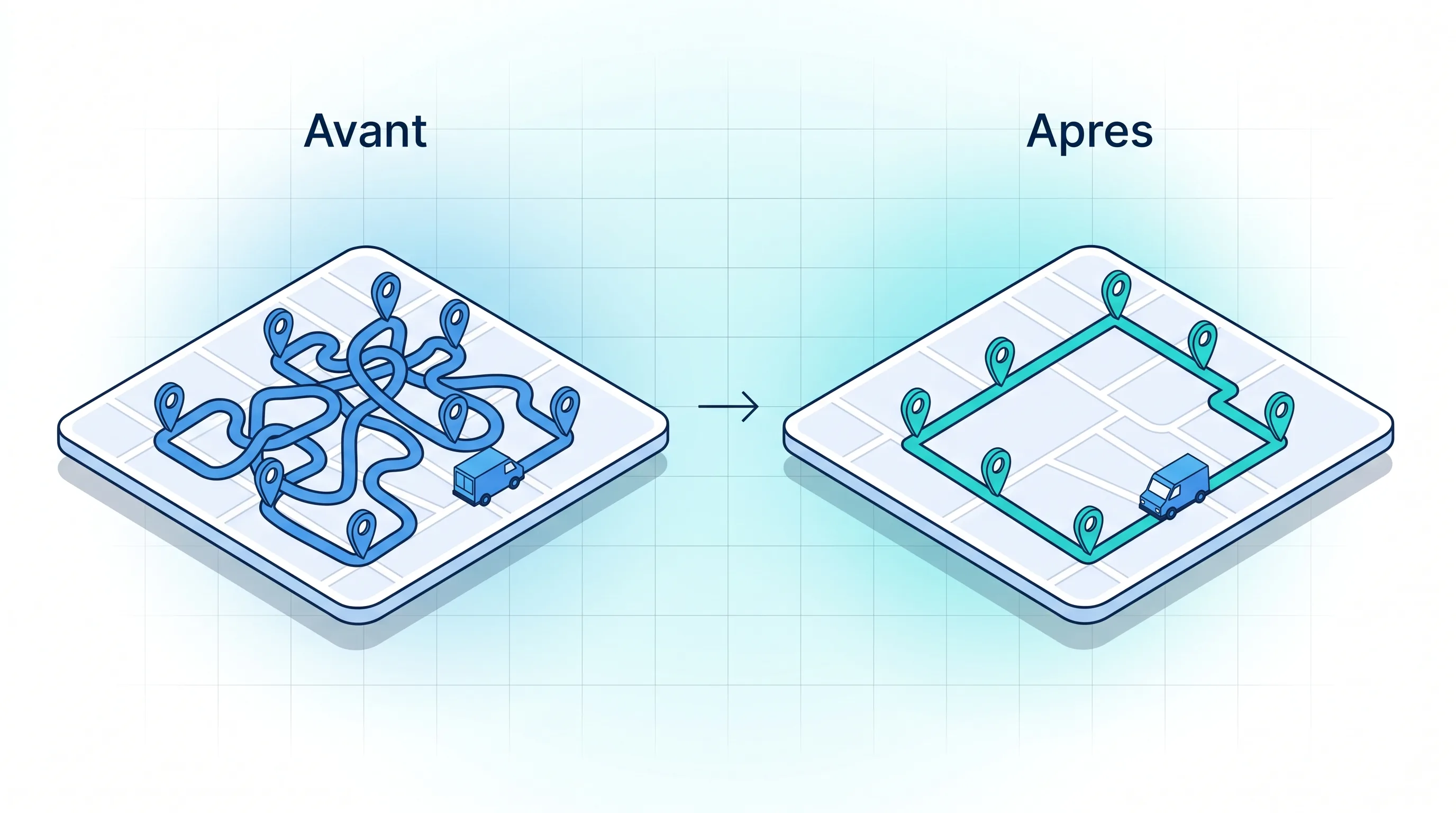 Comparaison avant / après de l'optimisation des tournées : itinéraire long et désordonné avant optimisation, trajet court et fluide après optimisation avec Service 9000.