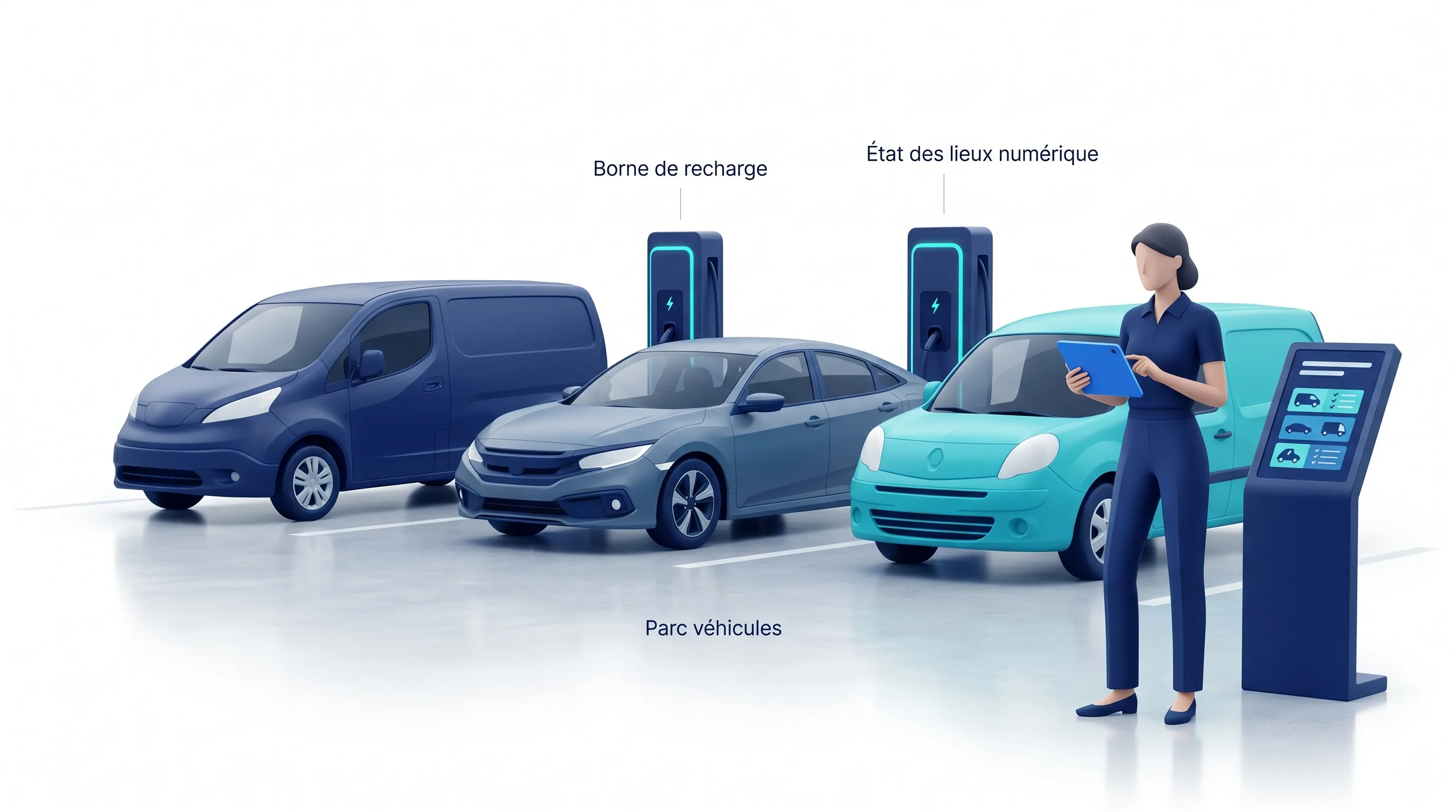Espace de gestion d'un parc de véhicules d'entreprise avec utilitaires et borne de recharge