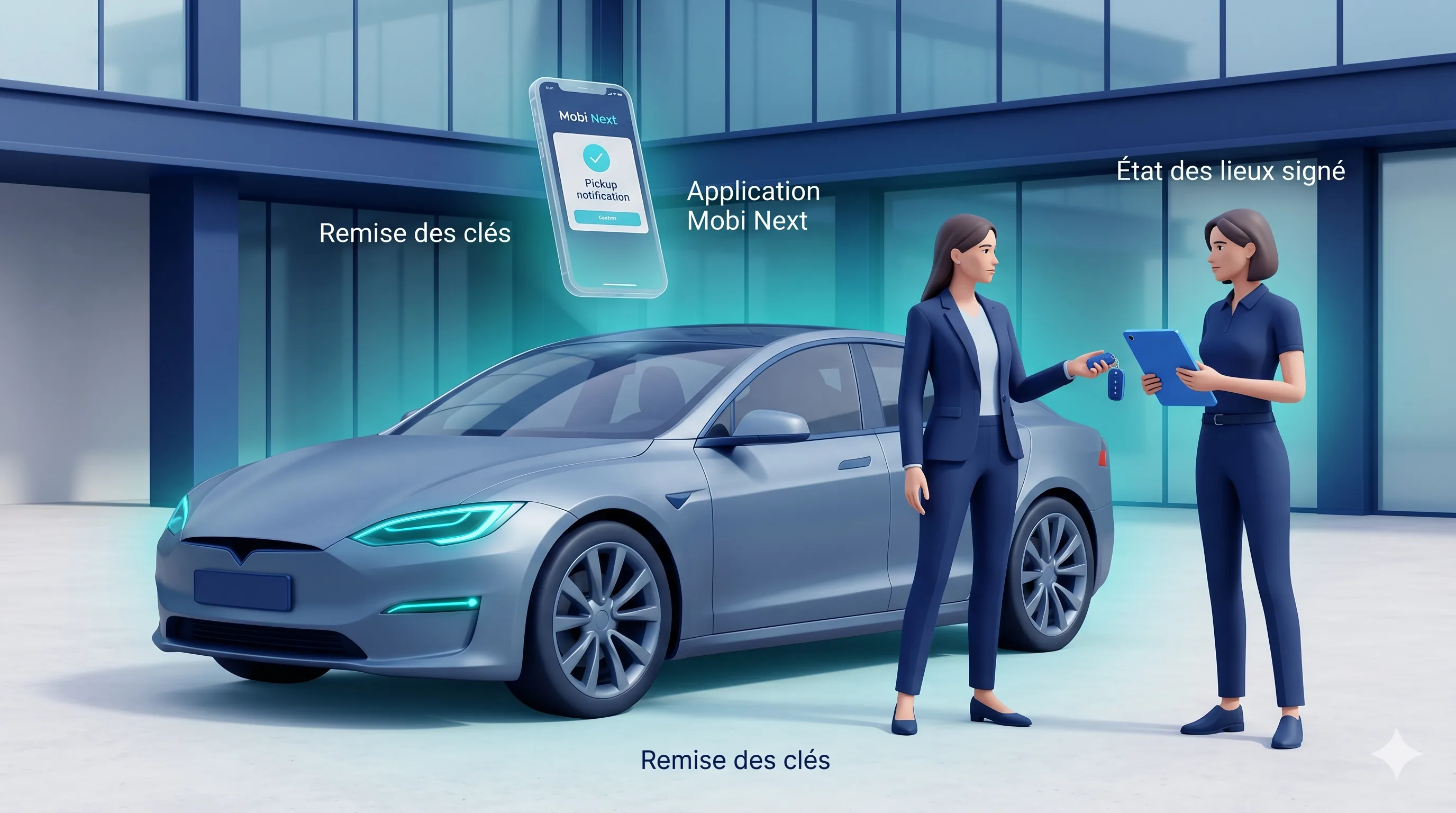 Remise des clés d'un véhicule à un conducteur avec carnet de bord numérique sur tablette