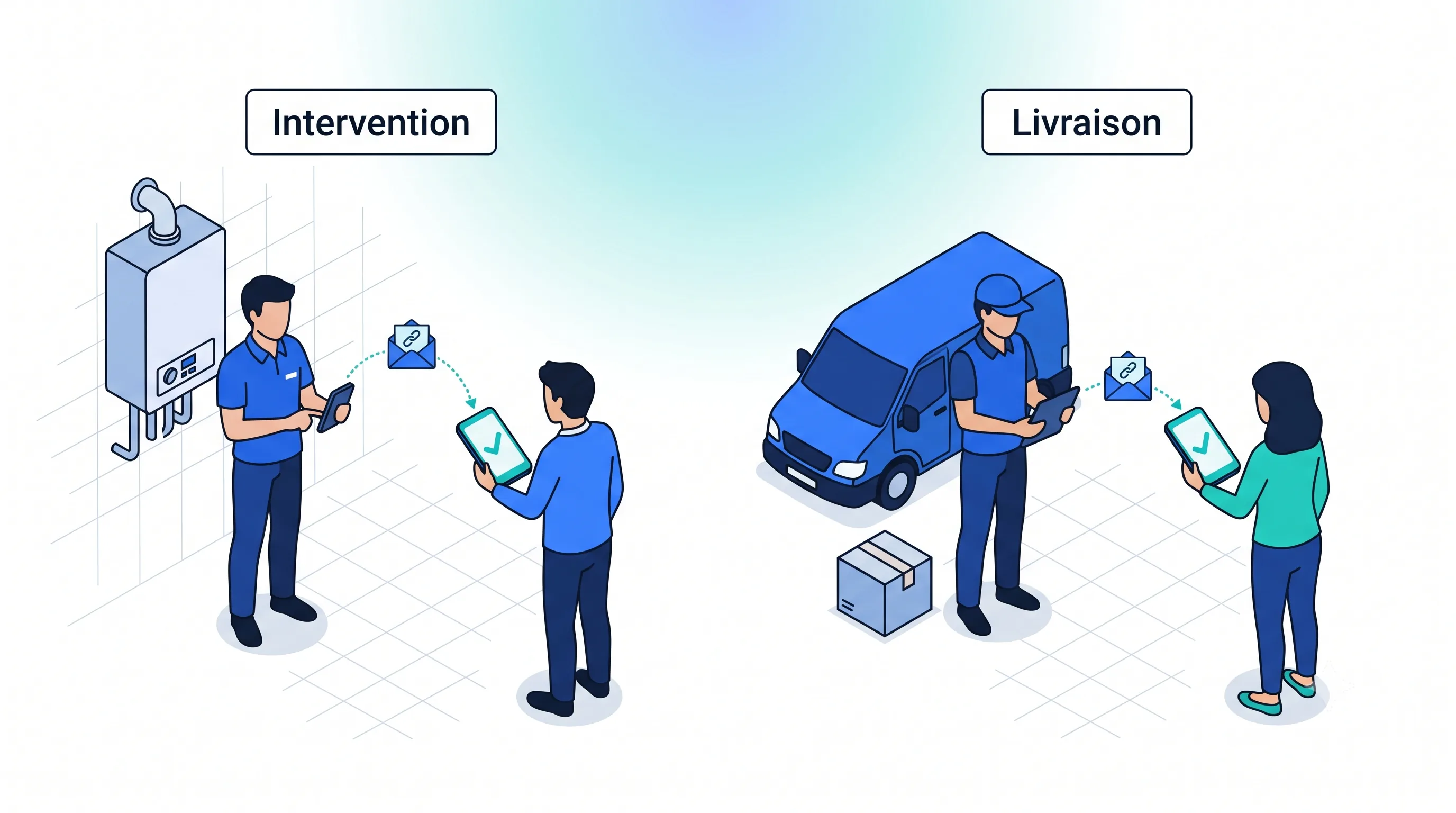 En intervention ou en livraison, le technicien ou le livreur envoie le lien de paiement depuis son application : le client règle sur son propre smartphone