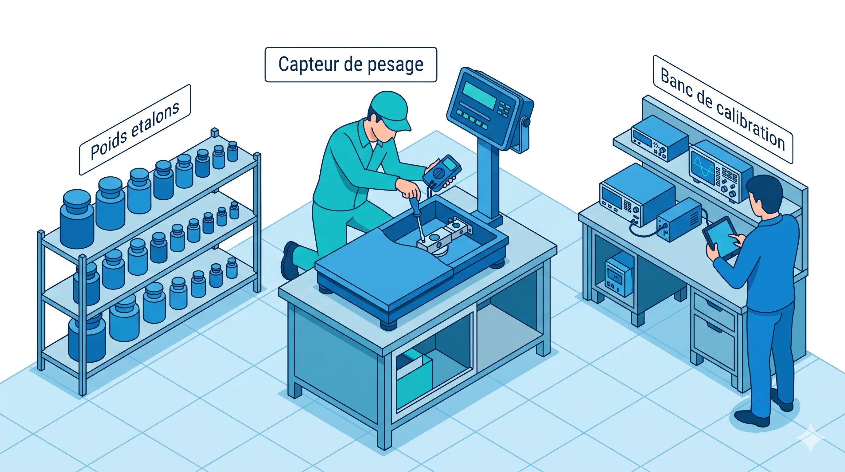 Atelier de métrologie avec balance industrielle en cours d'étalonnage