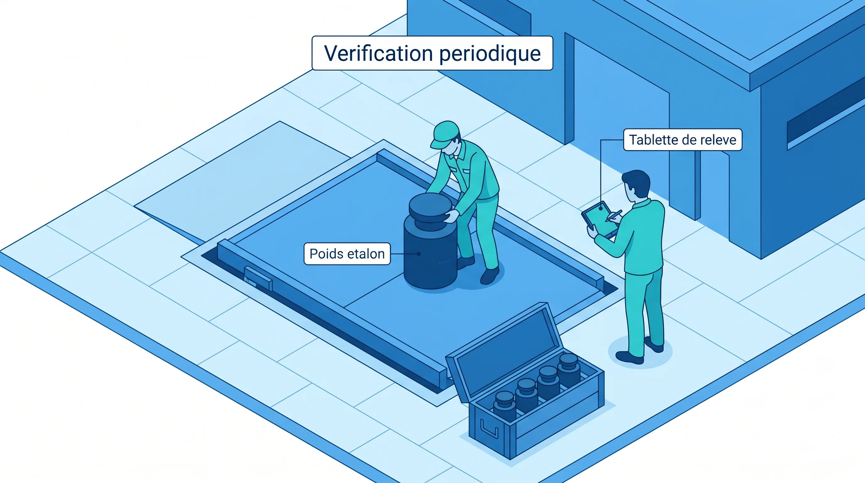 Vérification d'une bascule-pont sur site industriel avec étalons et tablette