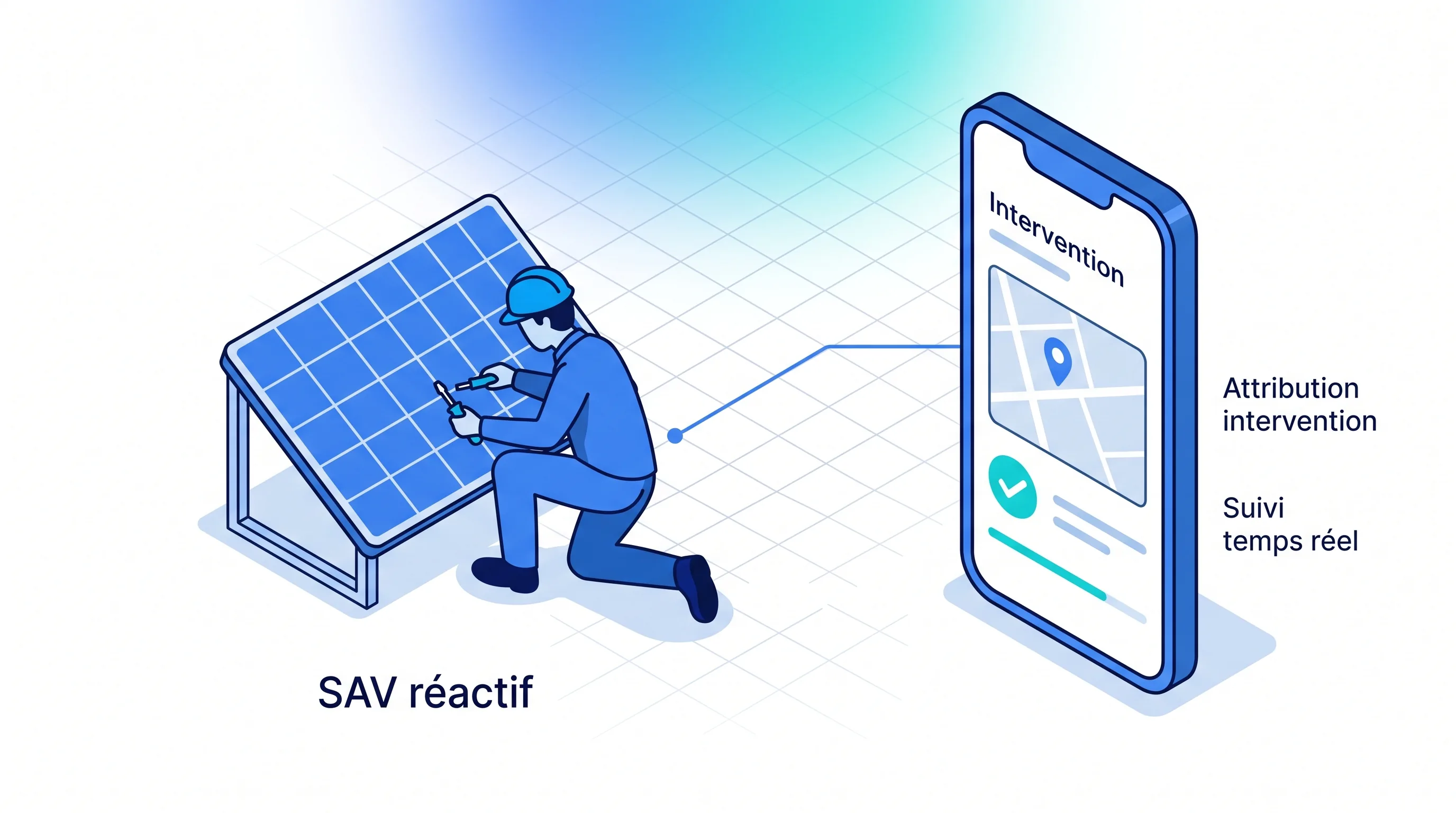 SAV photovoltaïque réactif : attribution des interventions et suivi en temps réel SAV photovoltaïque réactif : attribution rapide des interventions aux techniciens et suivi en temps réel sur terminal mobile.