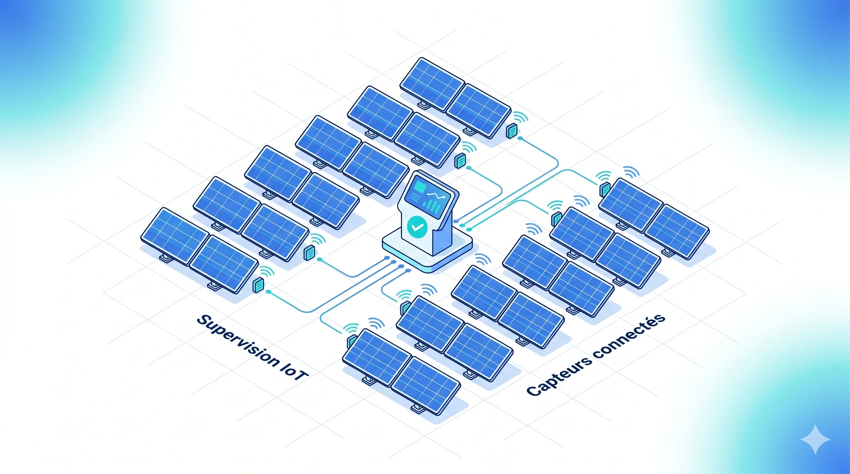 Supervision IoT du parc photovoltaïque et capteurs connectés - Service 9000 Supervision IoT d'un parc de panneaux solaires : capteurs connectés reliés à une supervision centralisée.
