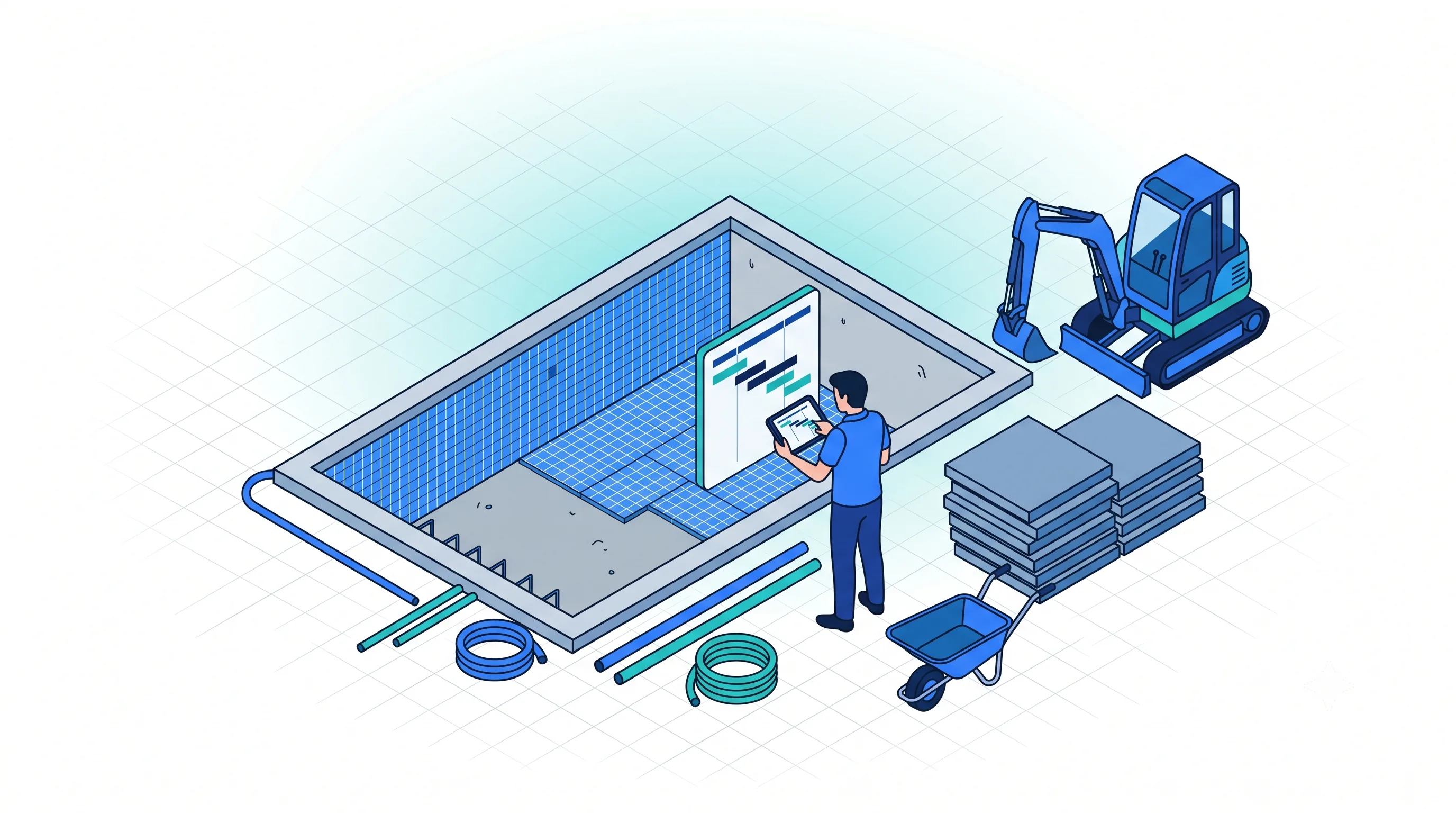 Chantier d'installation de piscine planifié et suivi dans Service 9000 : bassin en construction, mini-pelle et technicien consultant le planning sur tablette