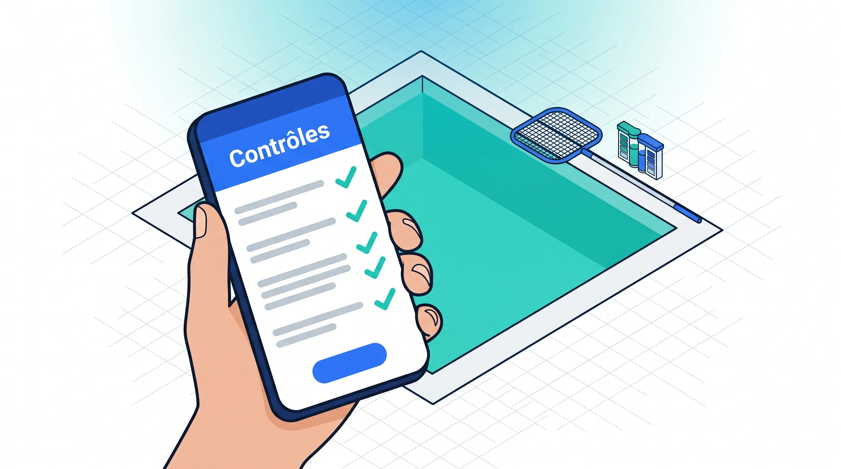 Points de contrôle qualité d'eau sur l'application mobile au bord du bassin : check-list cochée, épuisette et testeur d'eau