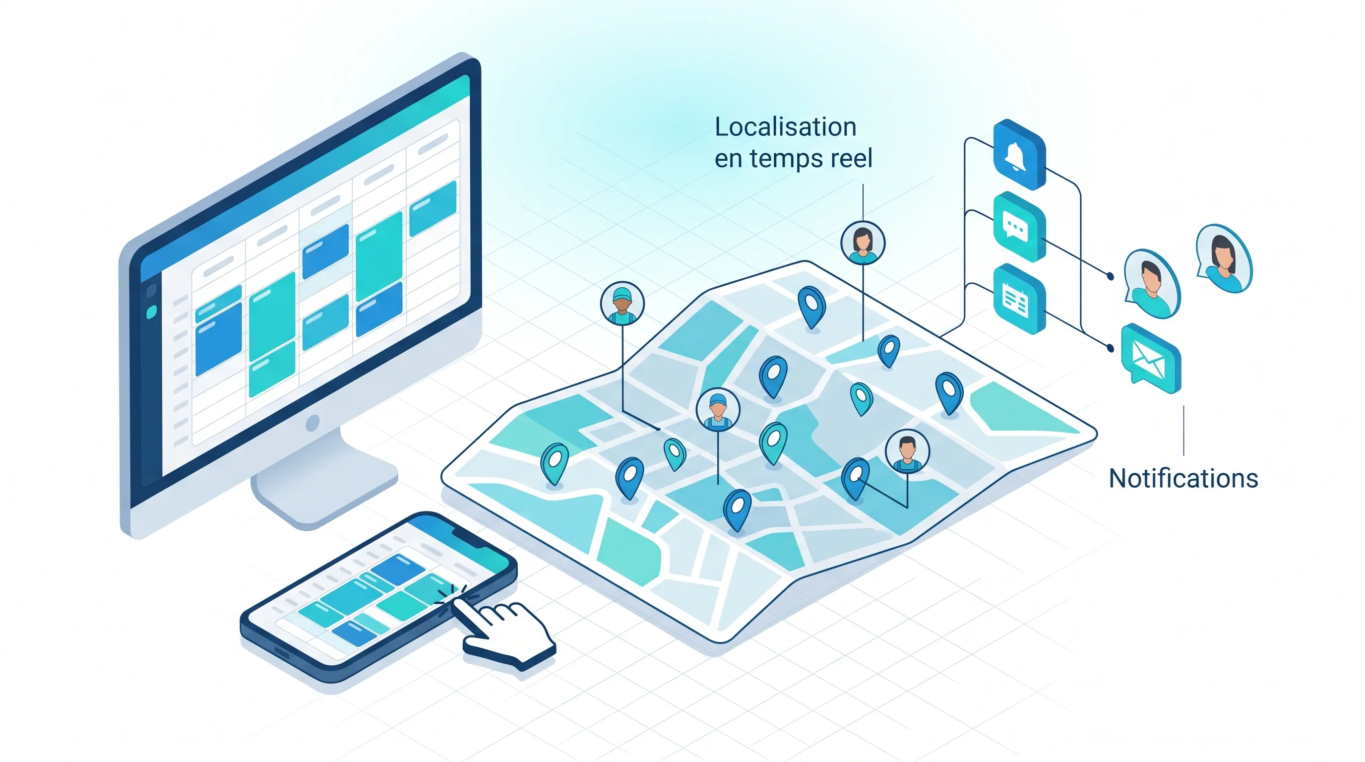Logiciel de planning SAV Service 9000 : localisation en temps réel des interventions et des techniciens, affectation par glisser-déposer et communication instantanée par notifications push, SMS et e-mail