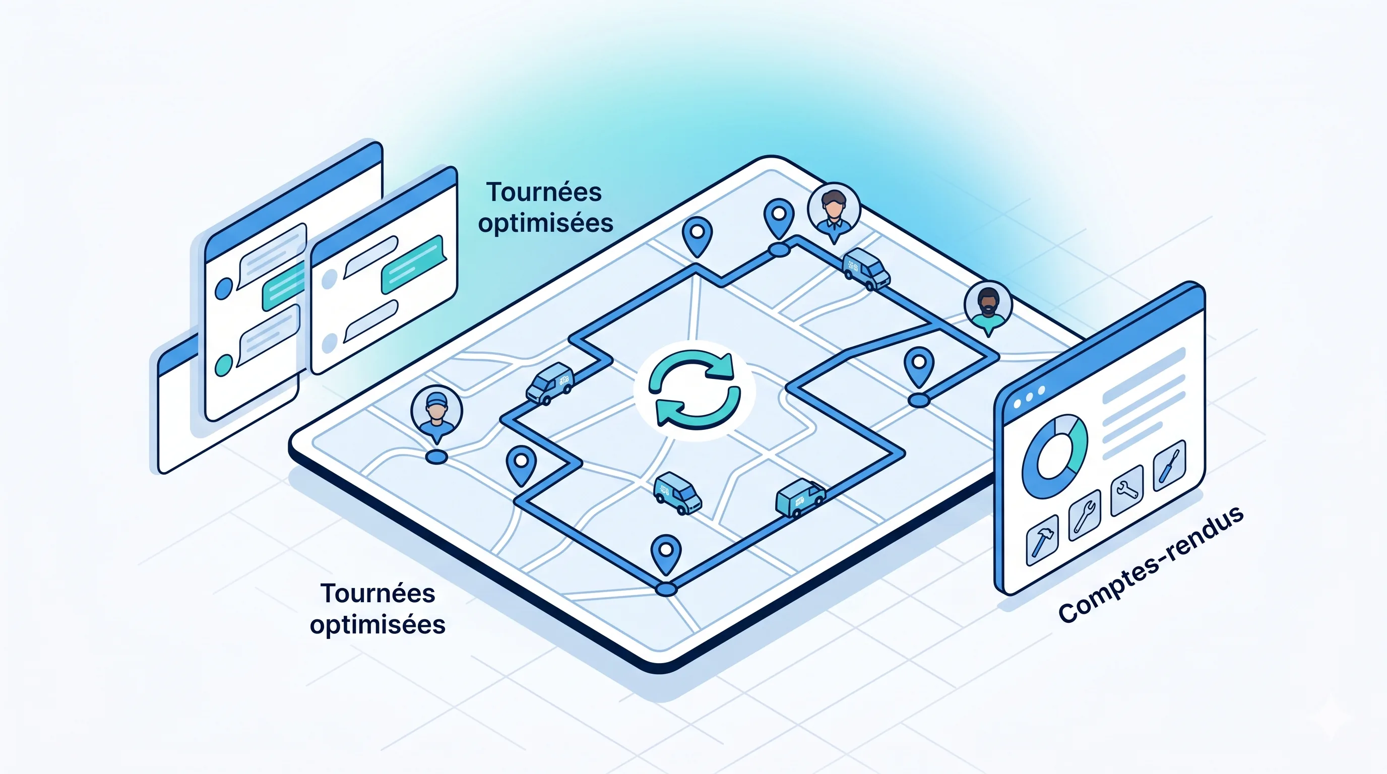 Logiciel de planning GMAO Service 9000 : organisation et optimisation automatique des tournées, affectation des interventions aux intervenants, comptes-rendus d'intervention et localisation du client et du produit sur la carte