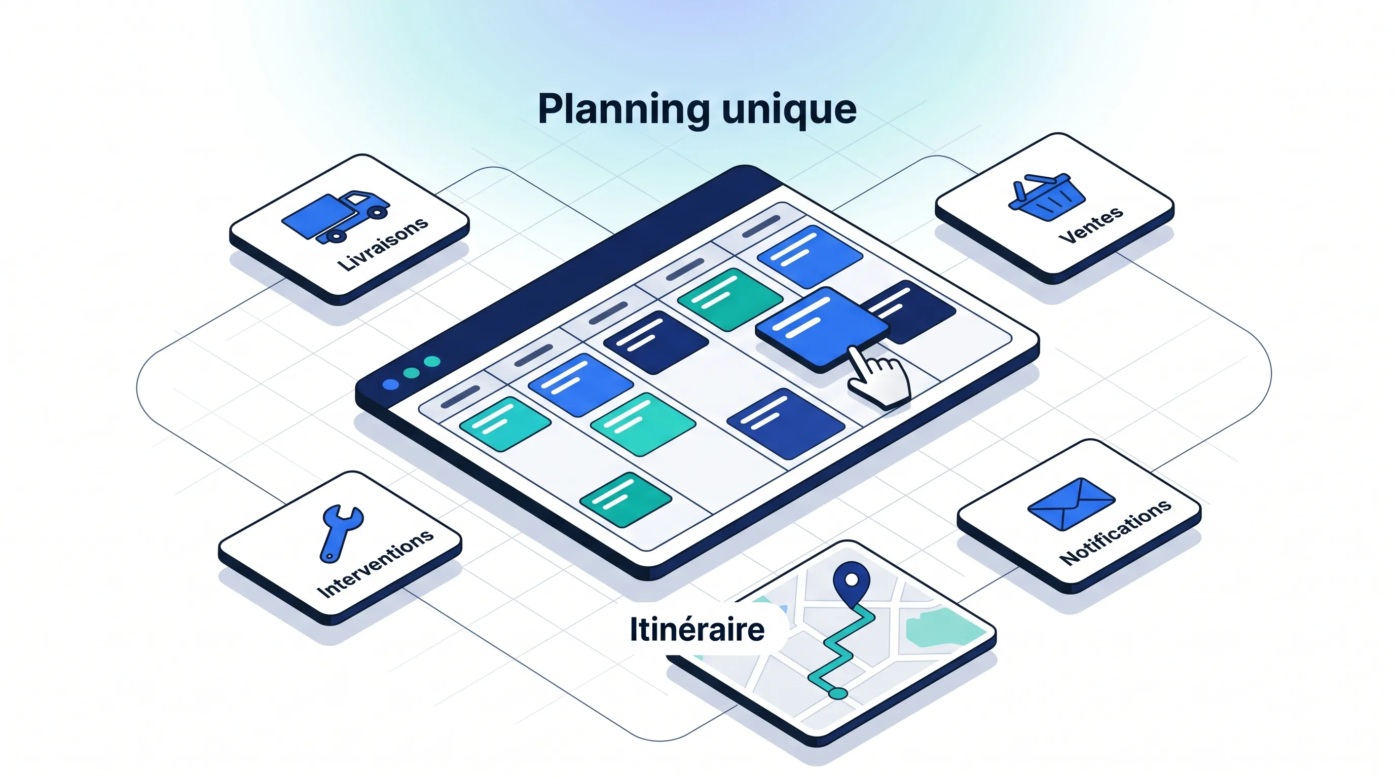 Planning multi-services unique regroupant livraisons, ventes, interventions et notifications dans Ventes 9000